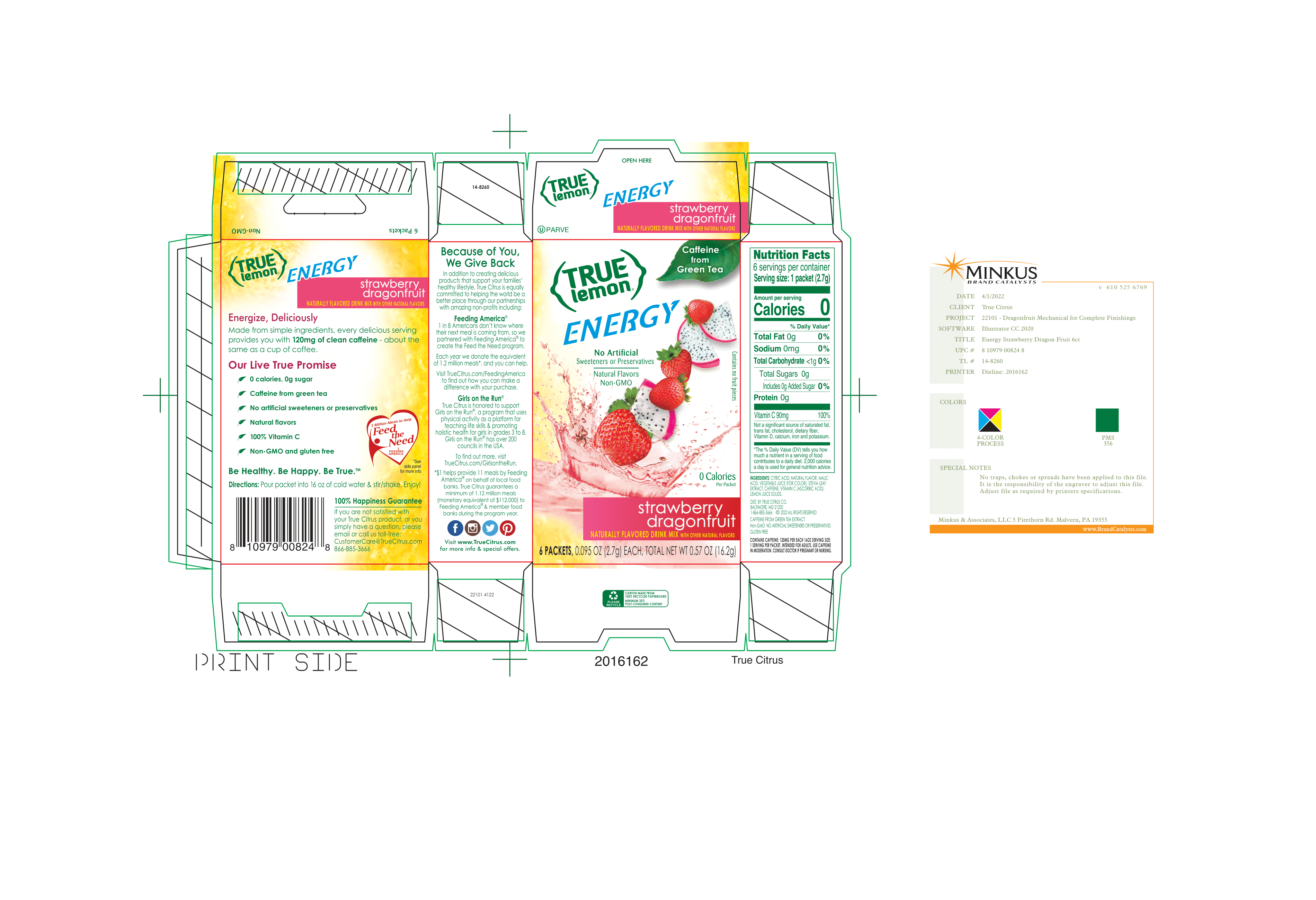 True Lemon Energy Strawberry Dragonfruit 12 units per case 0.6 oz Product Label