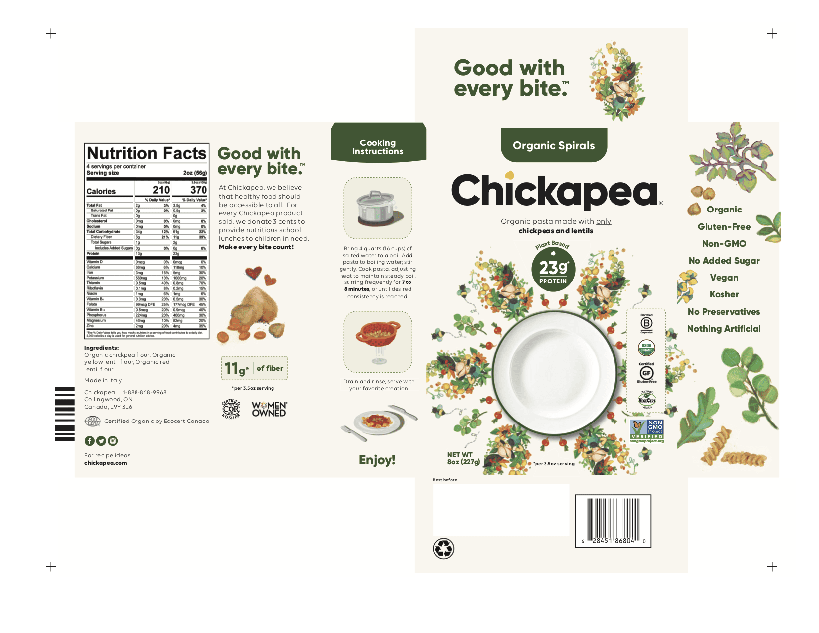 Chickapea Organic Chickpea and Lentil Pasta - Spirals 6 units per case 227 g Product Label