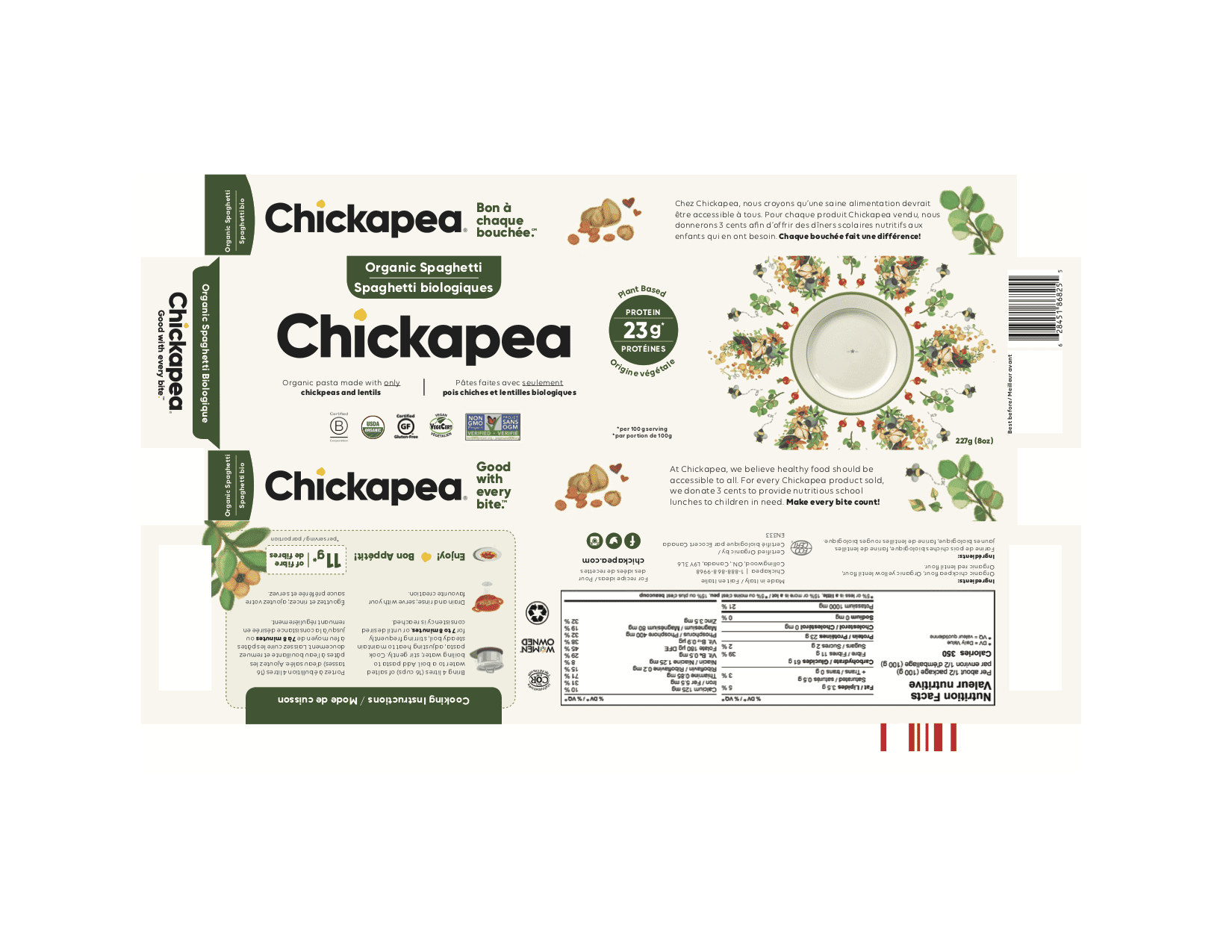 Chickapea Organic Chickpea and Lentil Pasta - Shells 6 units per case 227 g Product Label