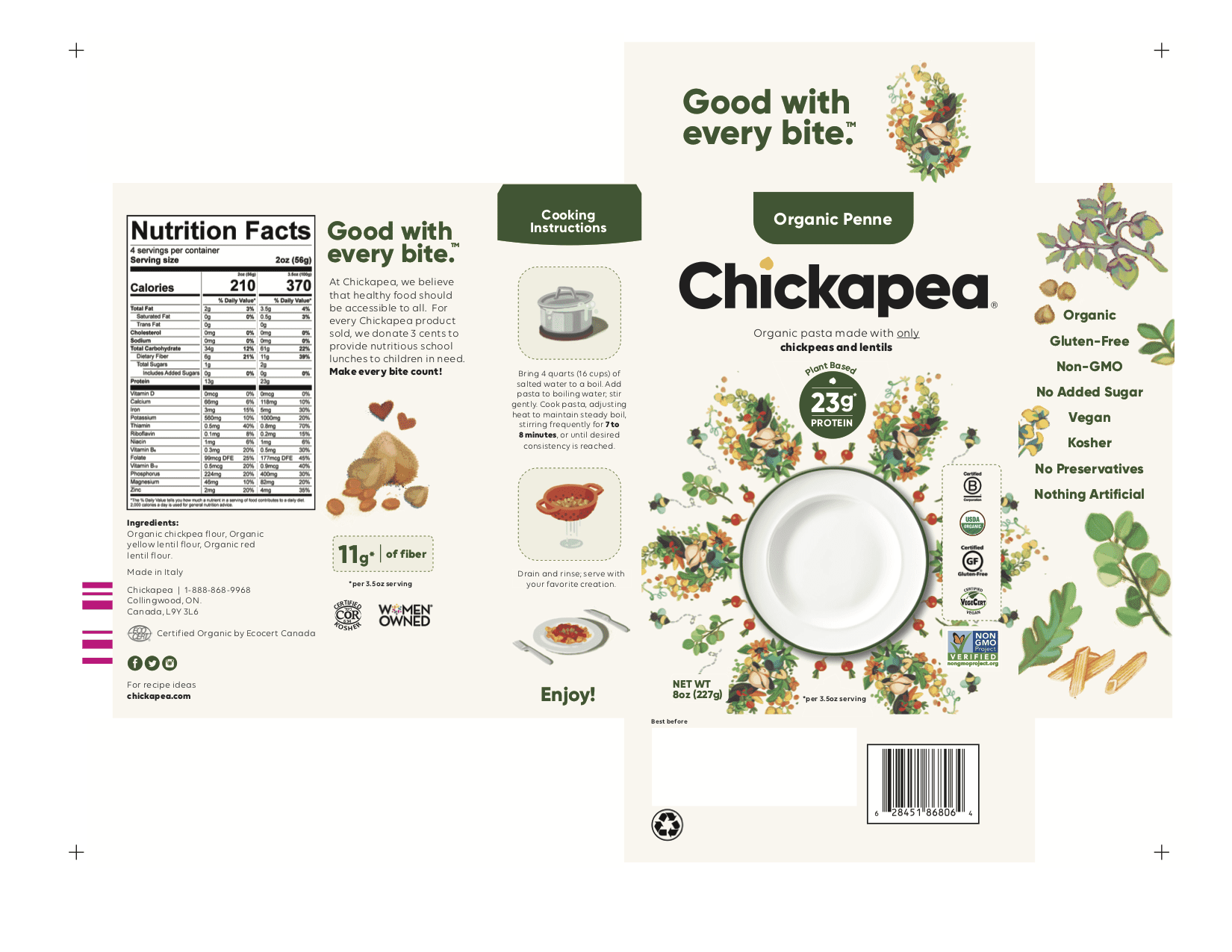 Chickapea Organic Chickpea and Lentil Pasta - Penne 6 units per case 227 g Product Label