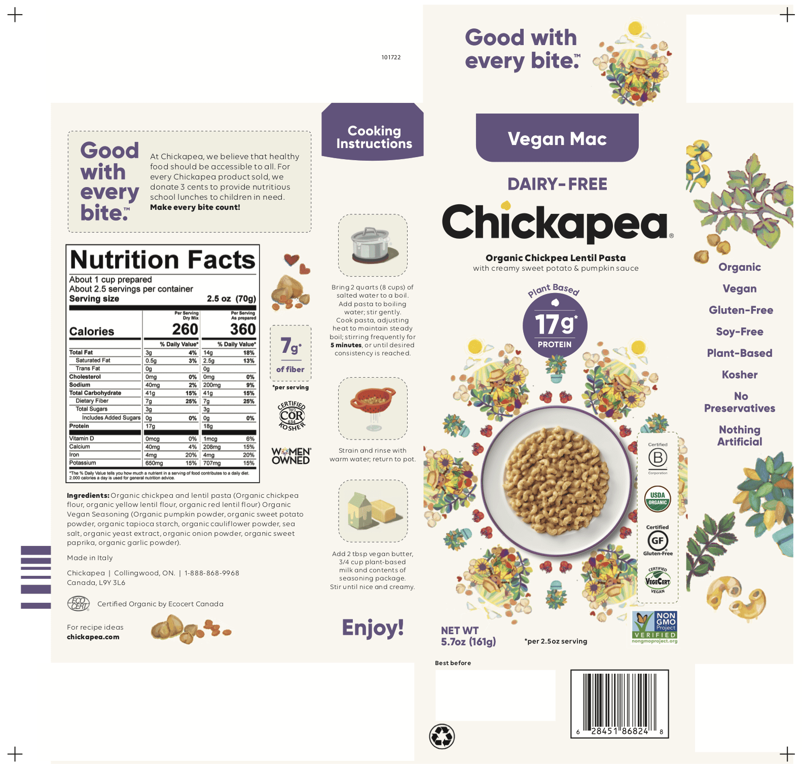 Chickapea Organic Chickpea and Lentil Pasta Mac- Elbows Creamy Vegetable Based Vegan Sauce 6 units per case 162 g Product Label