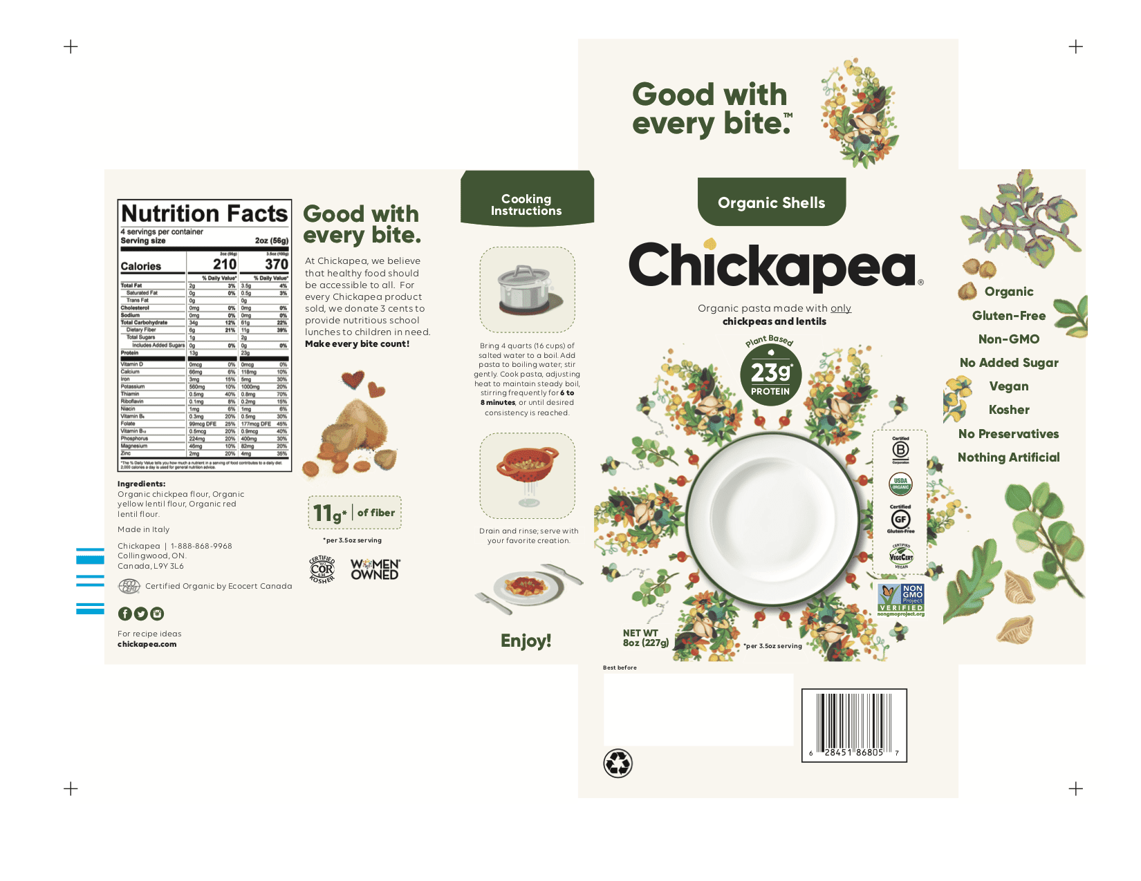 Chickapea Organic Chickpea and Lentil Pasta - Spaghetti 6 units per case 227 g Product Label