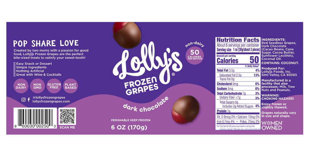 Lollys Frozen Grapes Dark Chocolate Frozen Red Seedless Grapes 6oz. pint 6 units per case 6.0 oz Product Label