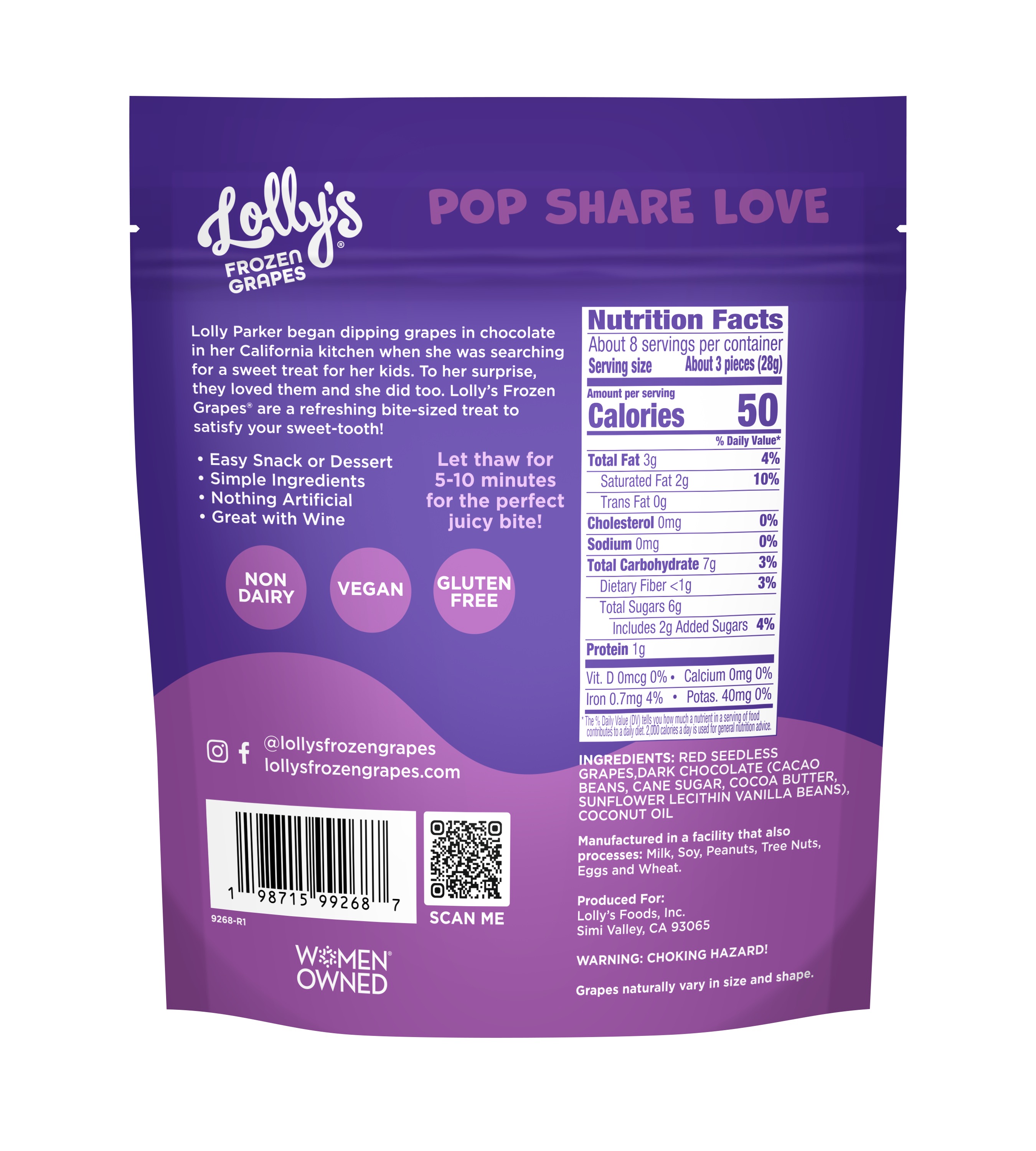 Lolly's Frozen Grapes Dark Chocolate 8oz pouch 6 units per case 8.0 oz