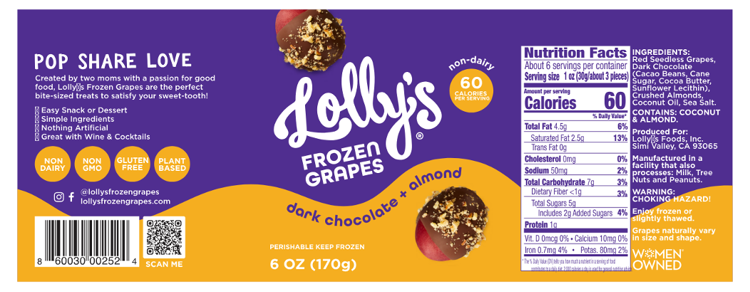 Lollys Frozen Grapes Dark Chocolate + Almond Frozen Red Seedless Grapes 6oz. pint 6 units per case 6.0 oz Product Label