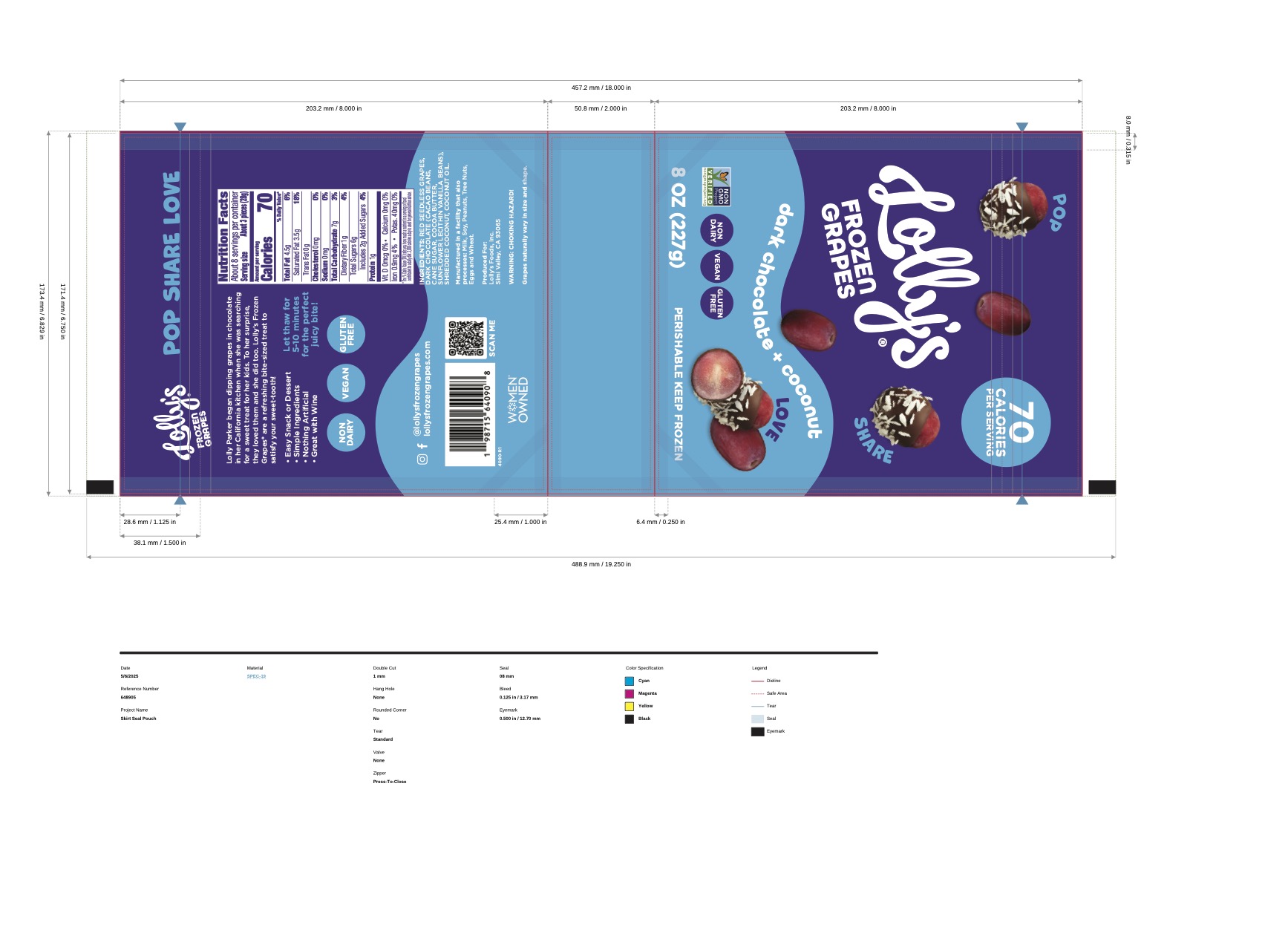 Lolly's Frozen Grapes Dark Chocolate + Coconut 6 units per case 8.0 oz Product Label