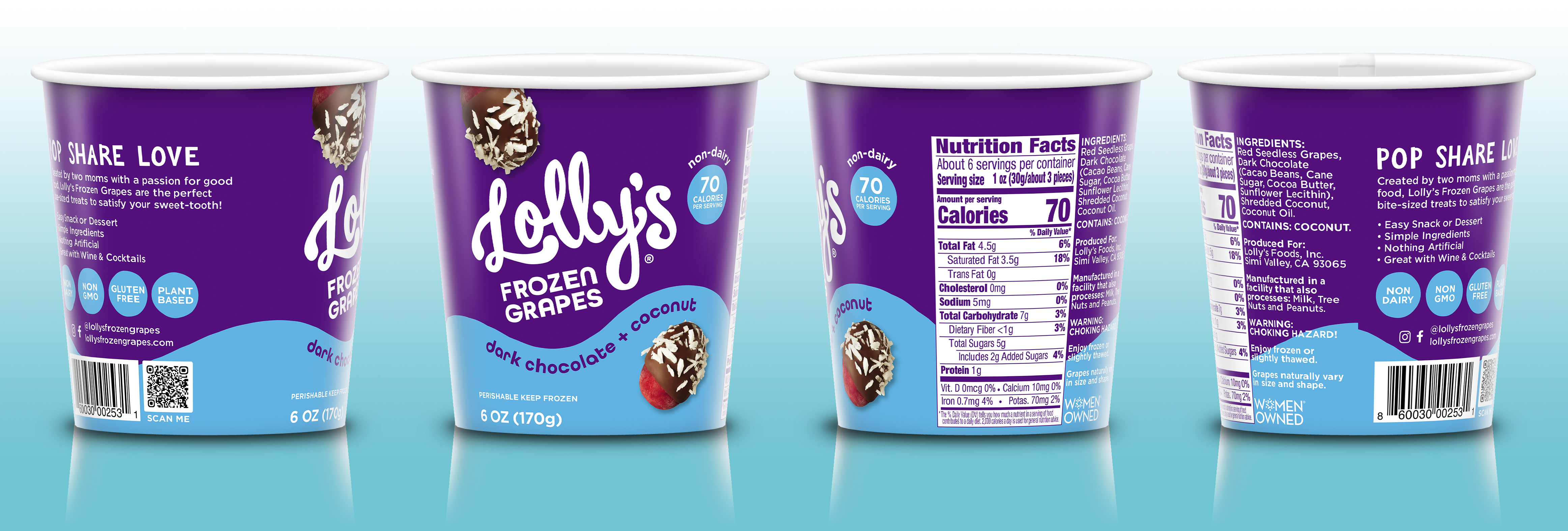 Lollys Frozen Grapes Dark Chocolate + Coconut Frozen Red Seedless Grapes 6oz. pint 6 units per case 6.0 oz