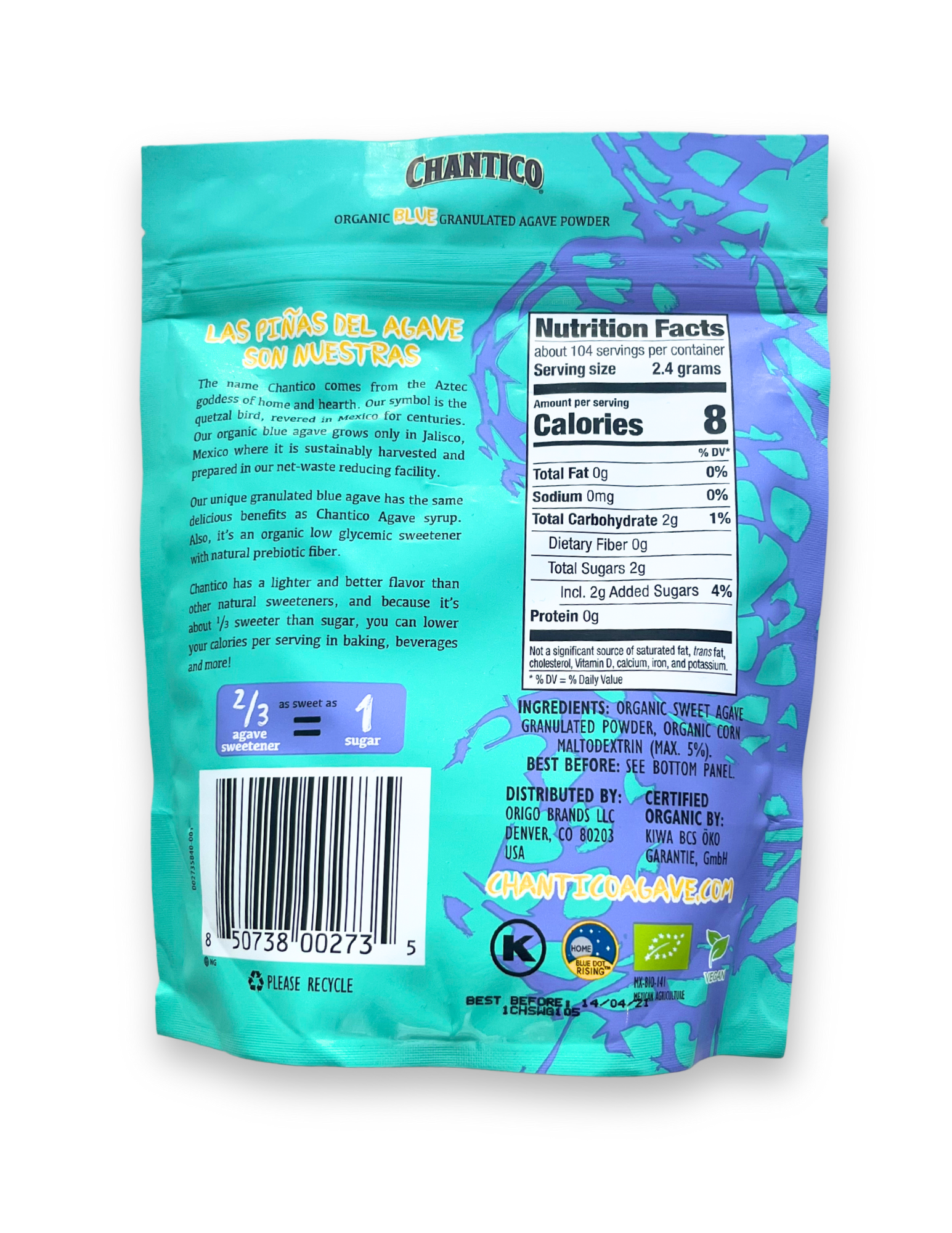 Chantico BLUE Agave Granulated Powder 250g Bag 8 units per case 8.8 oz Nutrition Info