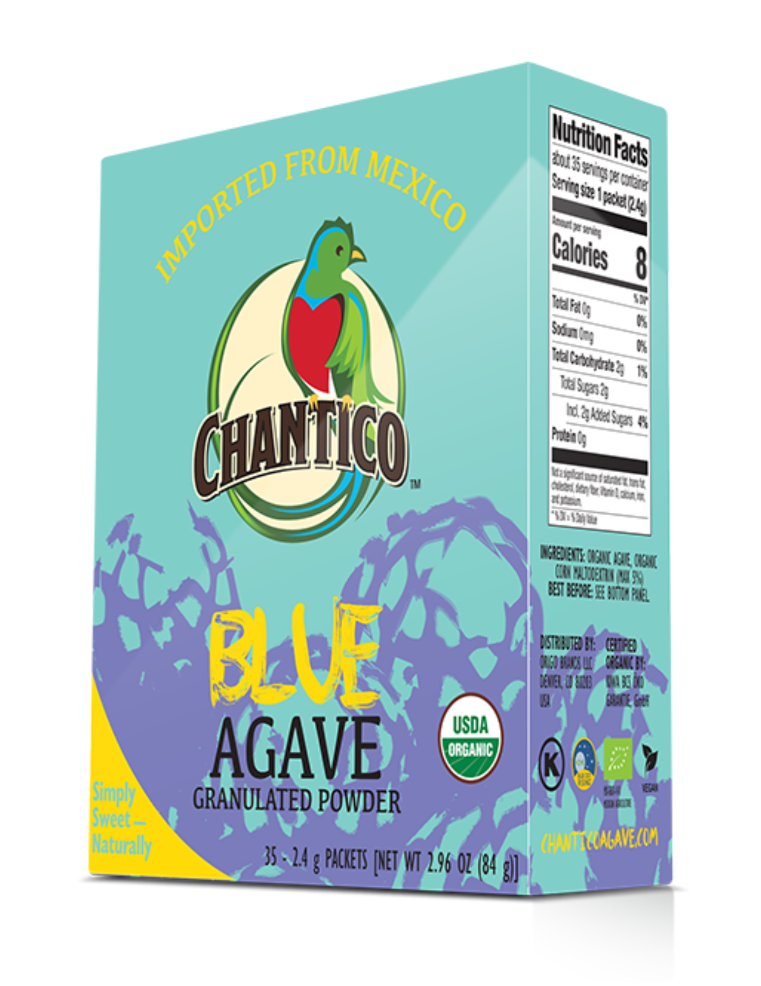 Chantico BLUE Agave Granulated Powder 35ct Sachet Box 8 units per case 1.3 oz