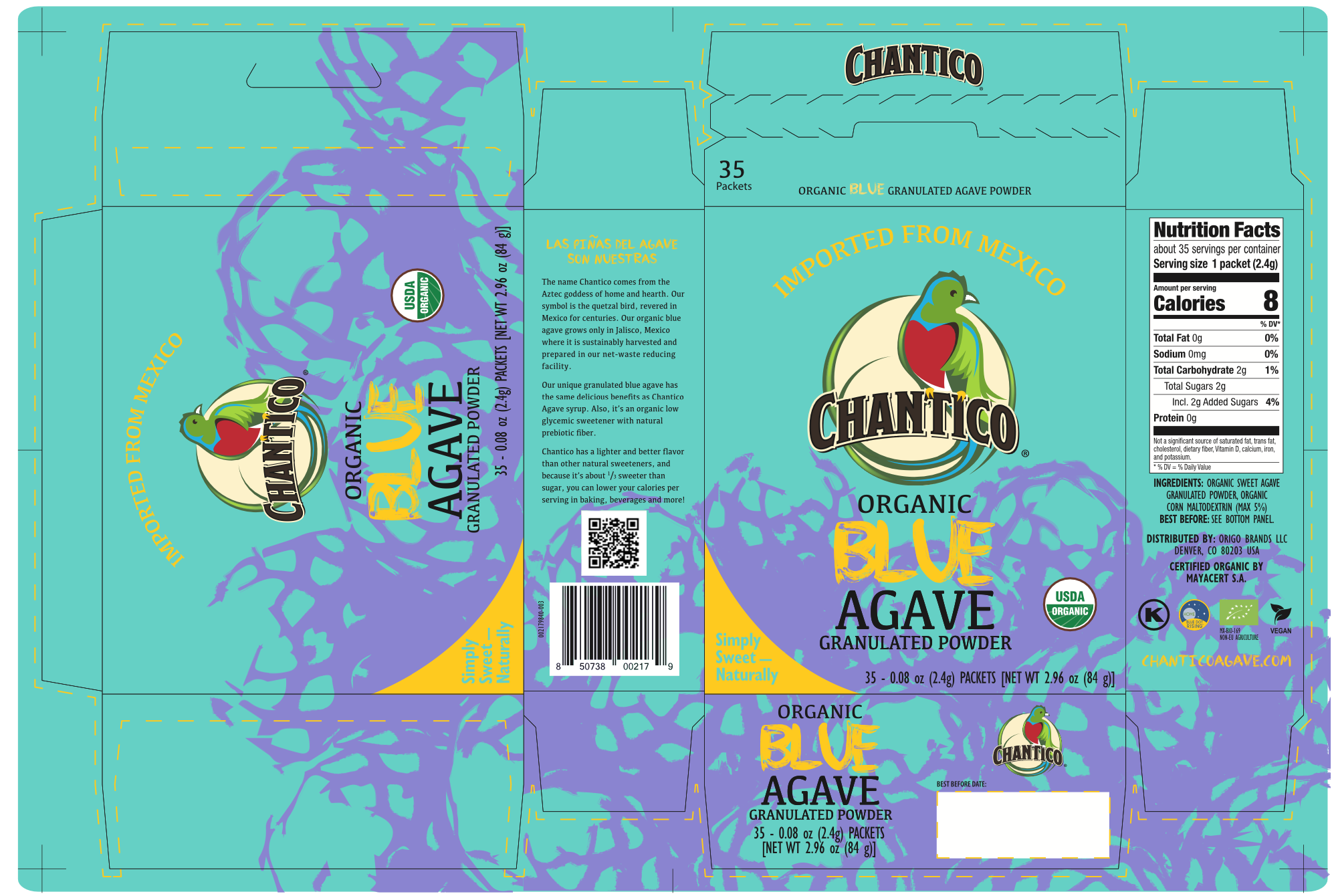 Chantico BLUE Agave Granulated Powder 35ct Sachet Box 8 units per case 1.3 oz Product Label