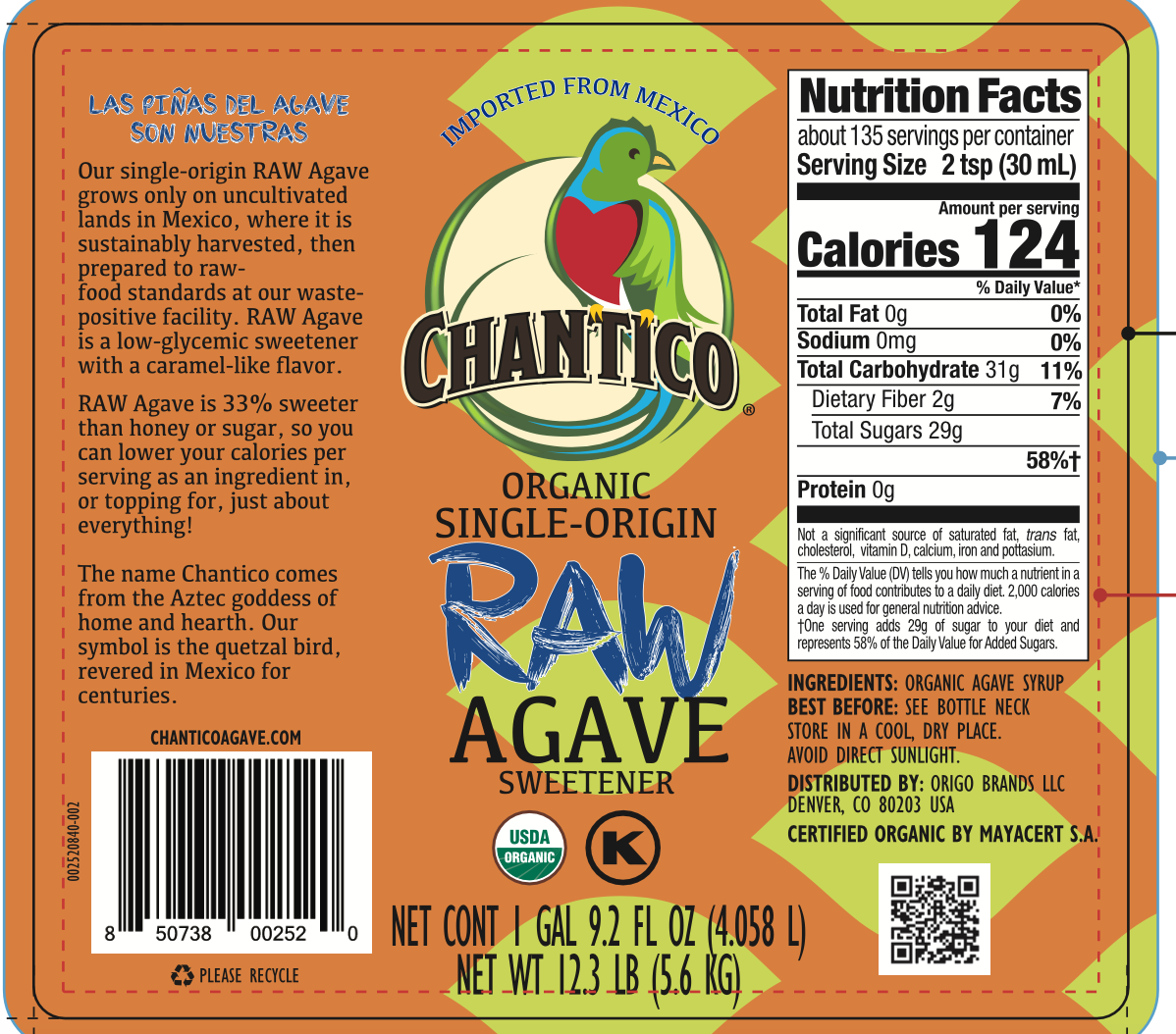 Chantico Organic Raw Agave Syrup 1 Gallon-FoodService Pack 4 units per case 12.3 lbs Product Label