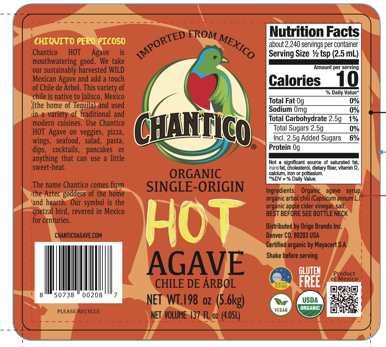 Chantico Organic Hot Agave Syrup 1 Gallon-FoodService Pack 4 units per case 12.3 lbs Product Label