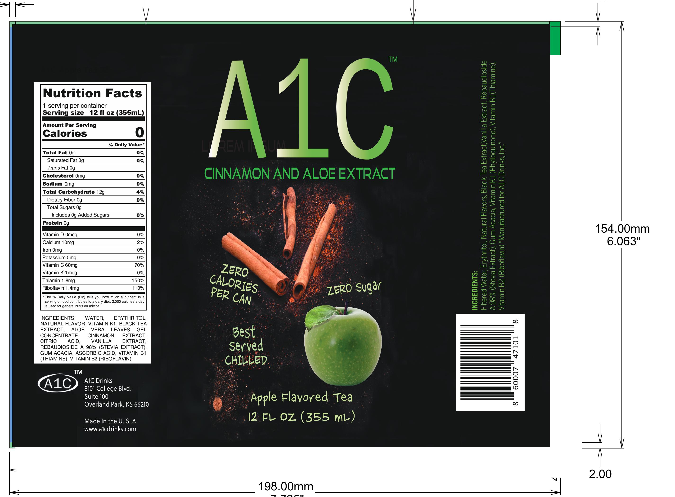 A1C Drinks Apple Flavored Tea 24 units per case 12.0 fl Product Label