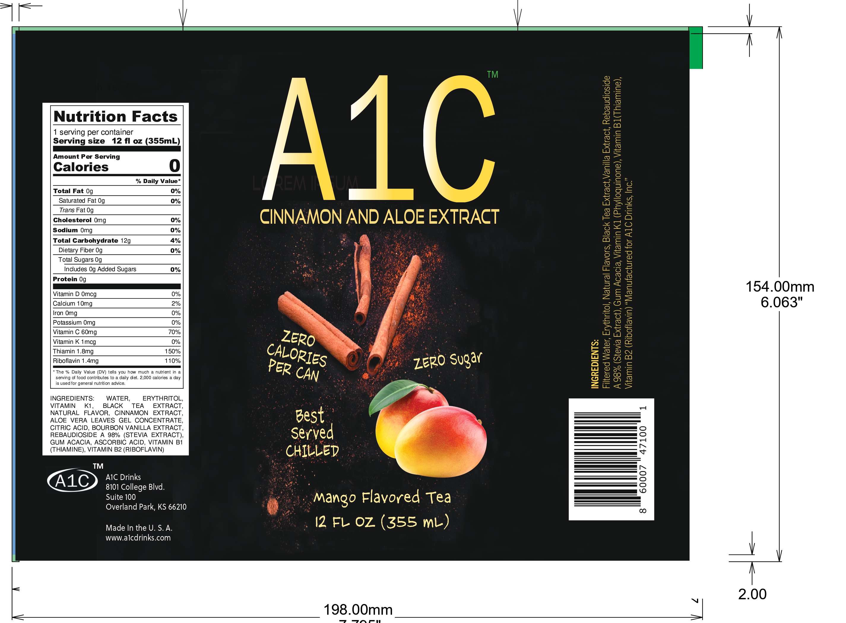 A1C Drinks Mango Flavored Tea 24 units per case 12.0 fl Product Label