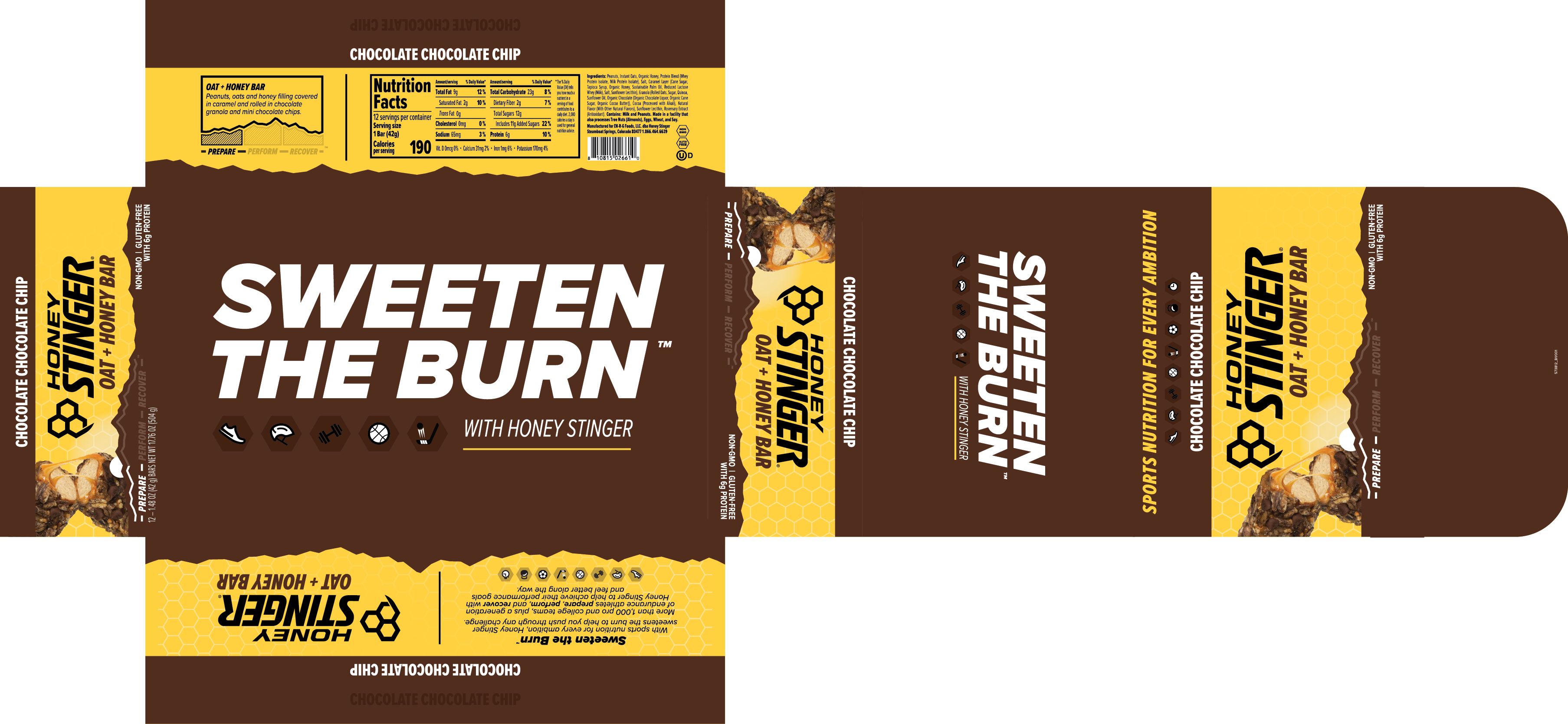Honey Stinger Chocolate Chocolate Chip Oat + Honey Bar 12 innerpacks per case 19.2 oz Product Label