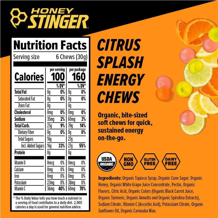Honey Stinger Organic Energy Chews Citrus Splash 12 innerpacks per case 21.6 oz Nutrition Info