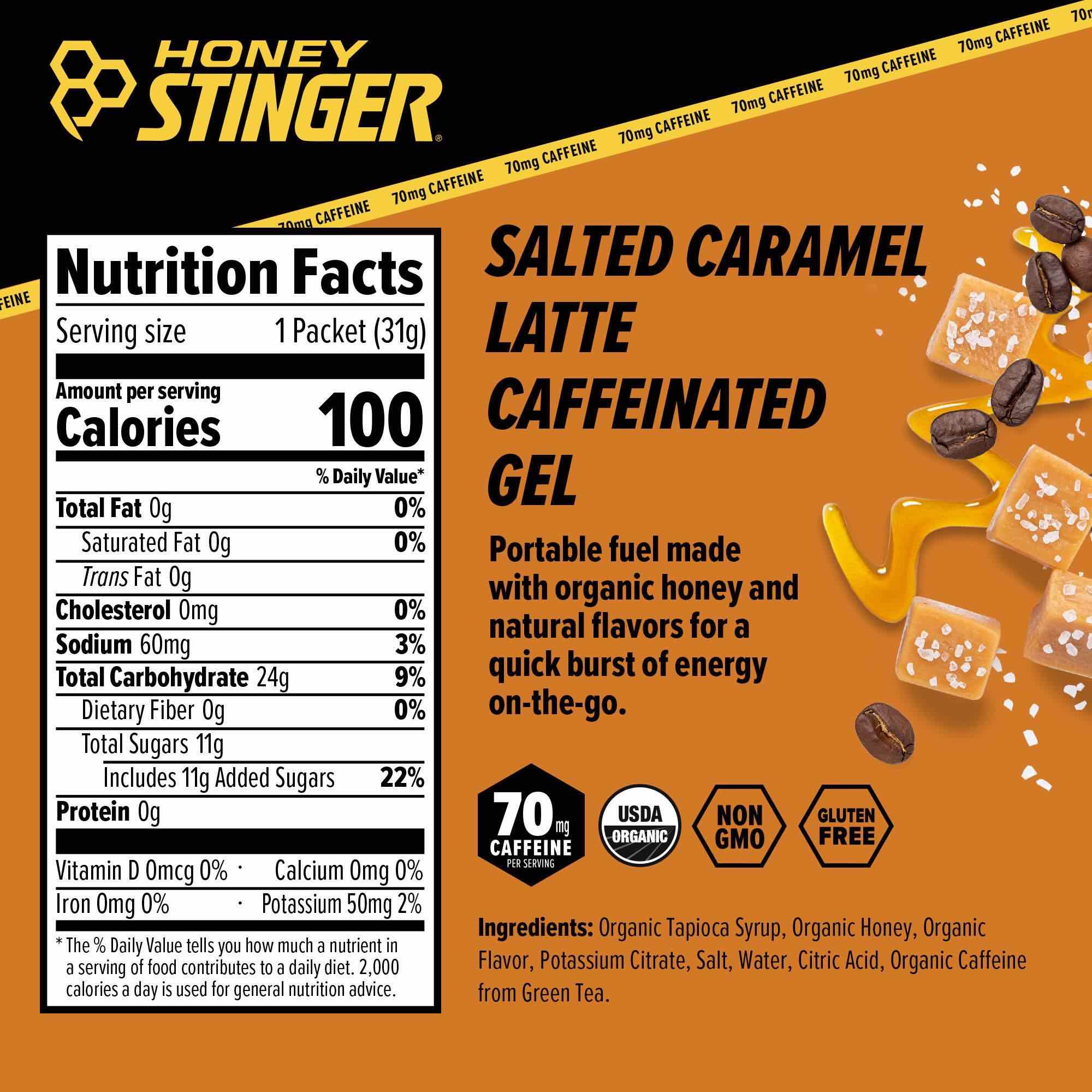 Honey Stinger Organic Gel Salted Caramel Latte - Caffeinated 12 innerpacks per case 14.4 oz Nutrition Info