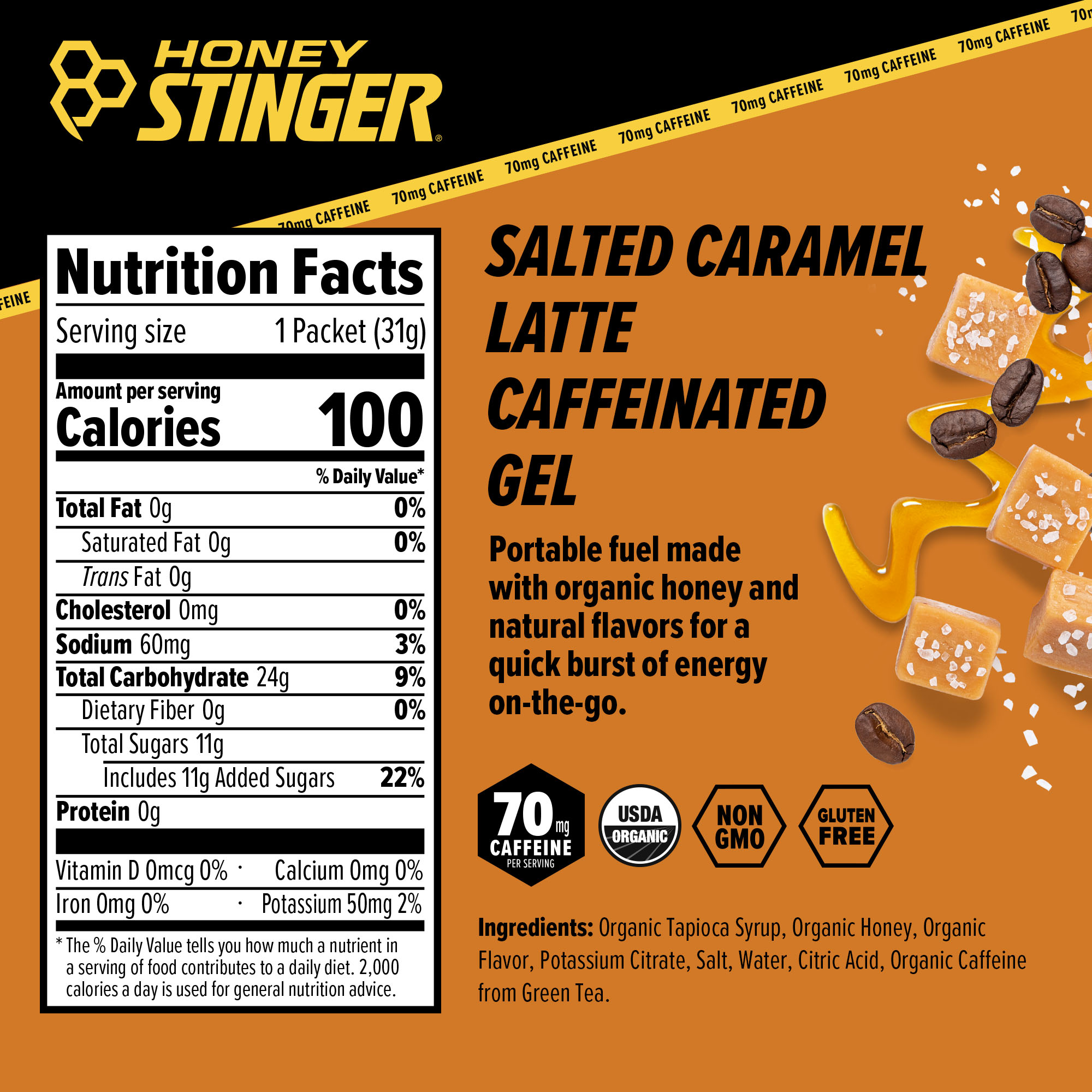 Honey Stinger Organic Gel Salted Caramel Latte - Caffeinated 12 innerpacks per case 14.4 oz Nutrition Info