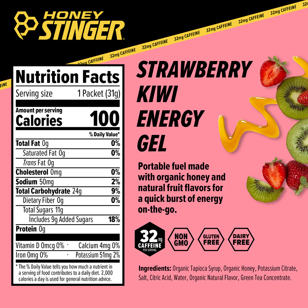 Honey Stinger Organic Energy Gel Caffeinated Strawberry Kiwi 8 innerpacks per case 26.4 oz Nutrition Info