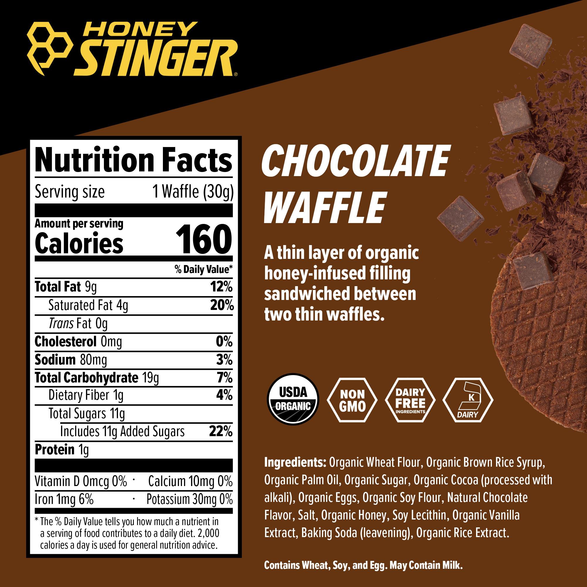Honey Stinger Organic Waffle Chocolate 8 innerpacks per case 12.8 oz Nutrition Info