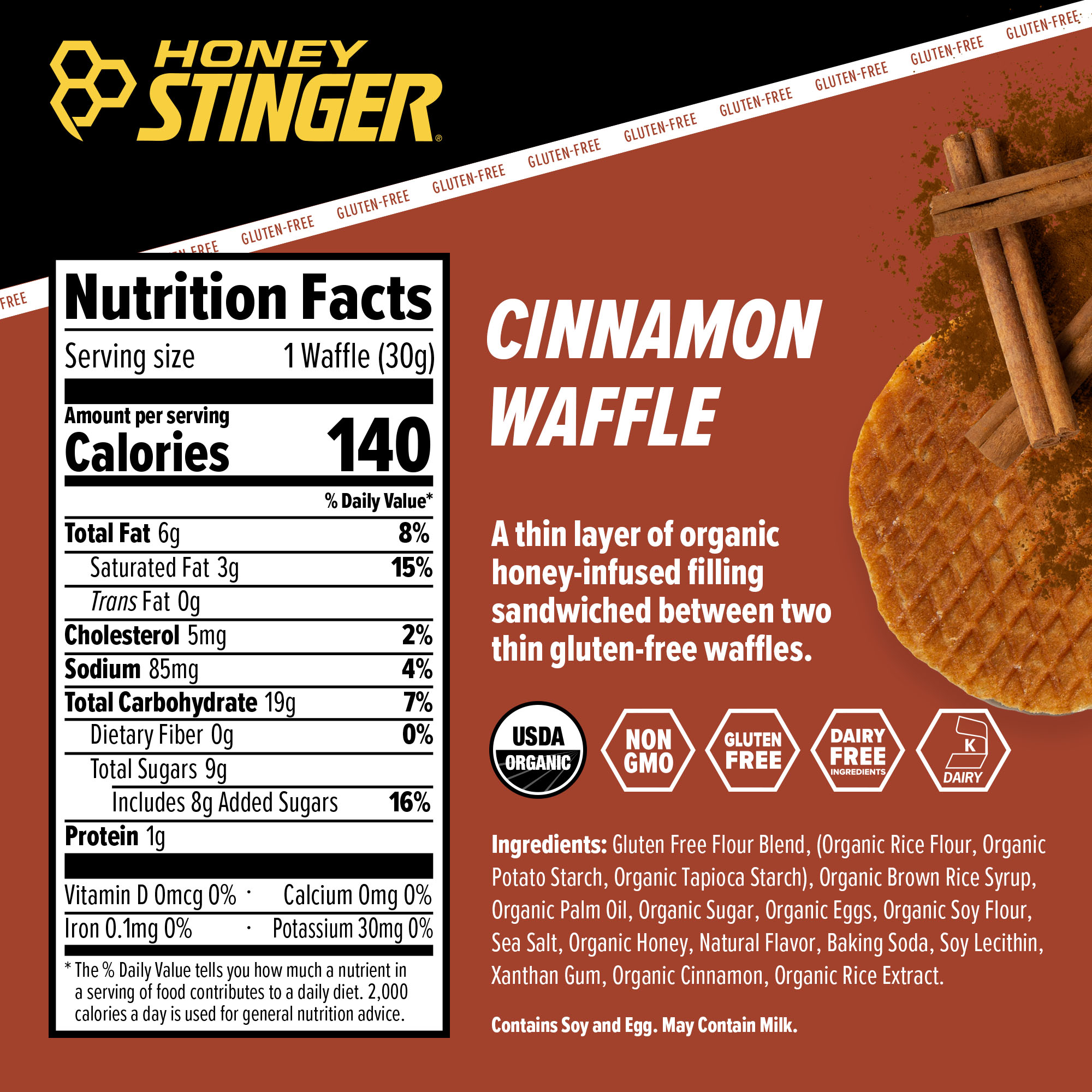 Honey Stinger Gluten Free Organic Waffle Cinnamon 8 innerpacks per case 1.1 oz Nutrition Info