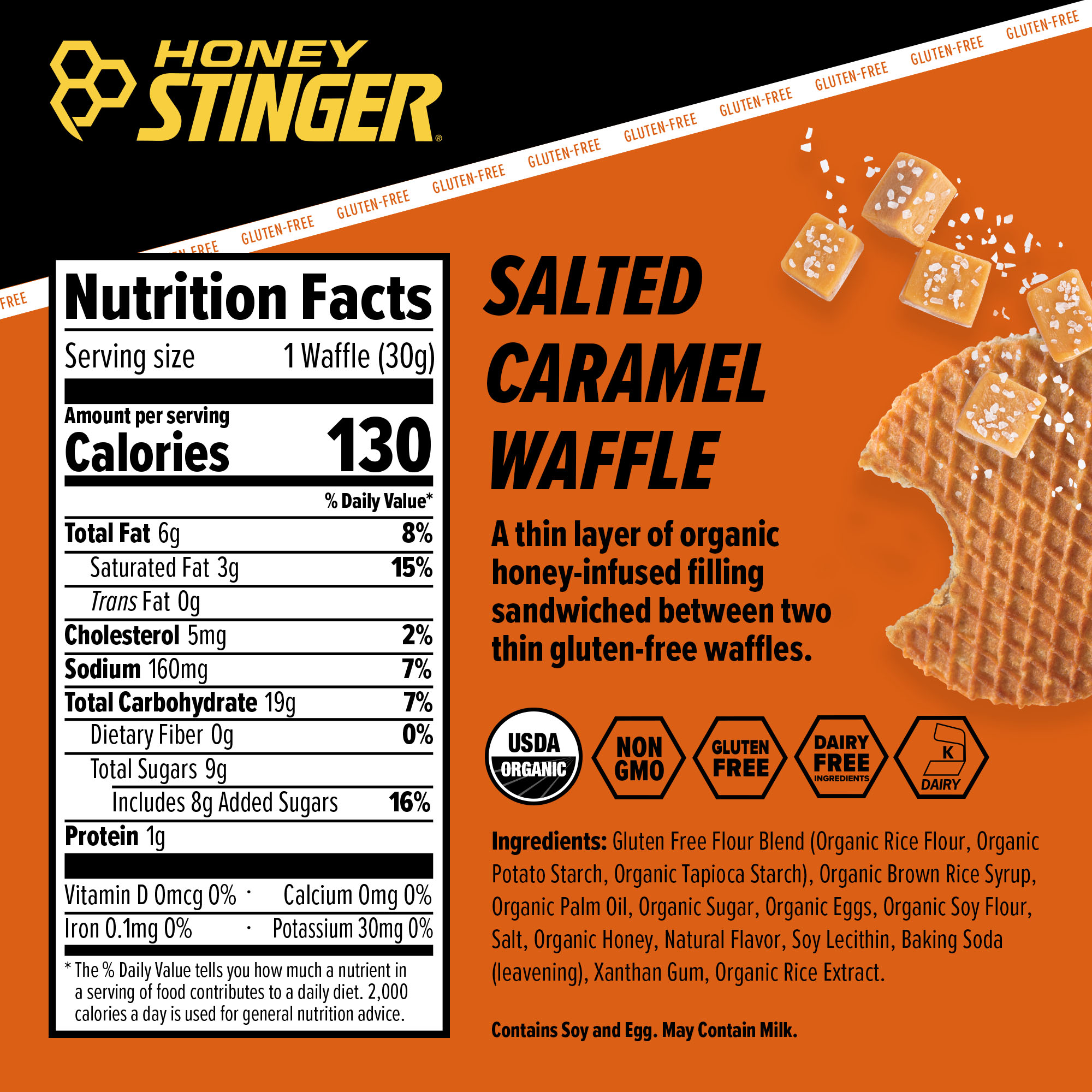 Honey Stinger Gluten-Free Waffle Caddy Salted Caramel 8 innerpacks per case 1.1 oz Nutrition Info