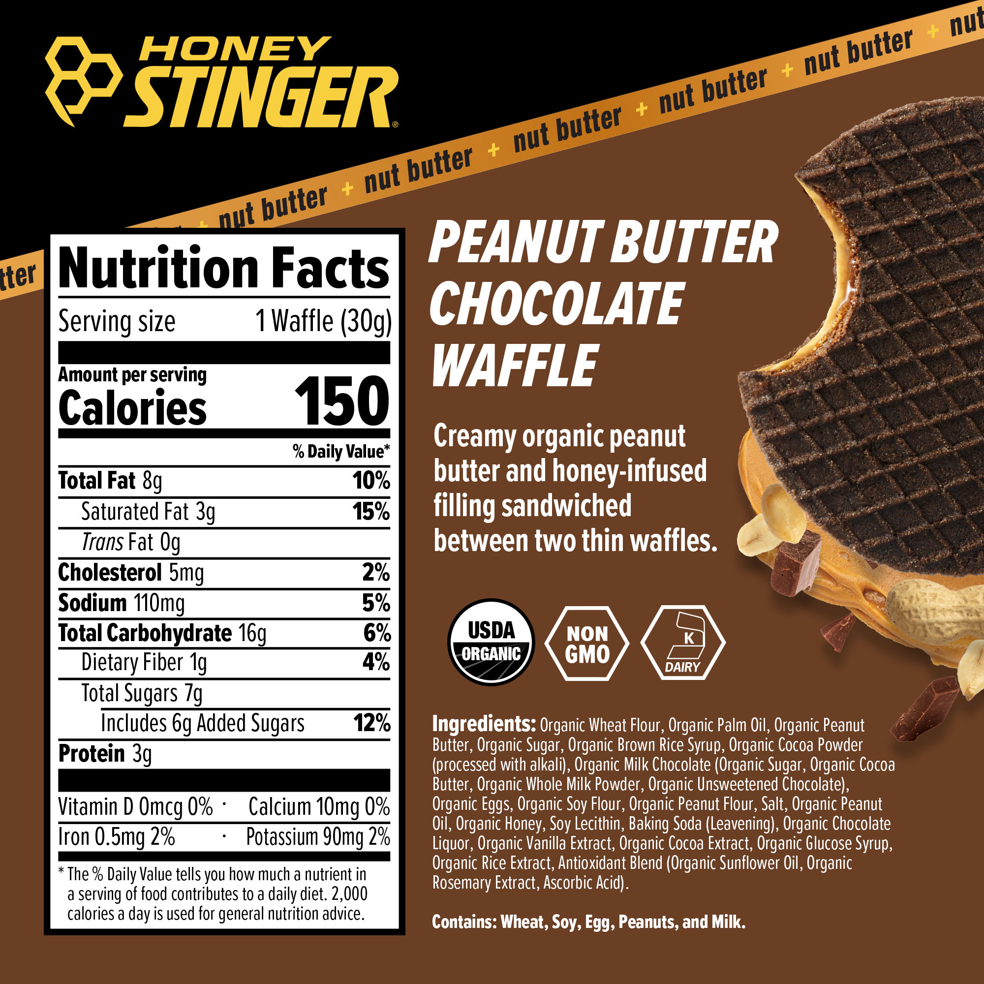 Honey Stinger Waffle Caddy Peanut Butter Chocolate 8 innerpacks per case 1.1 oz Nutrition Info