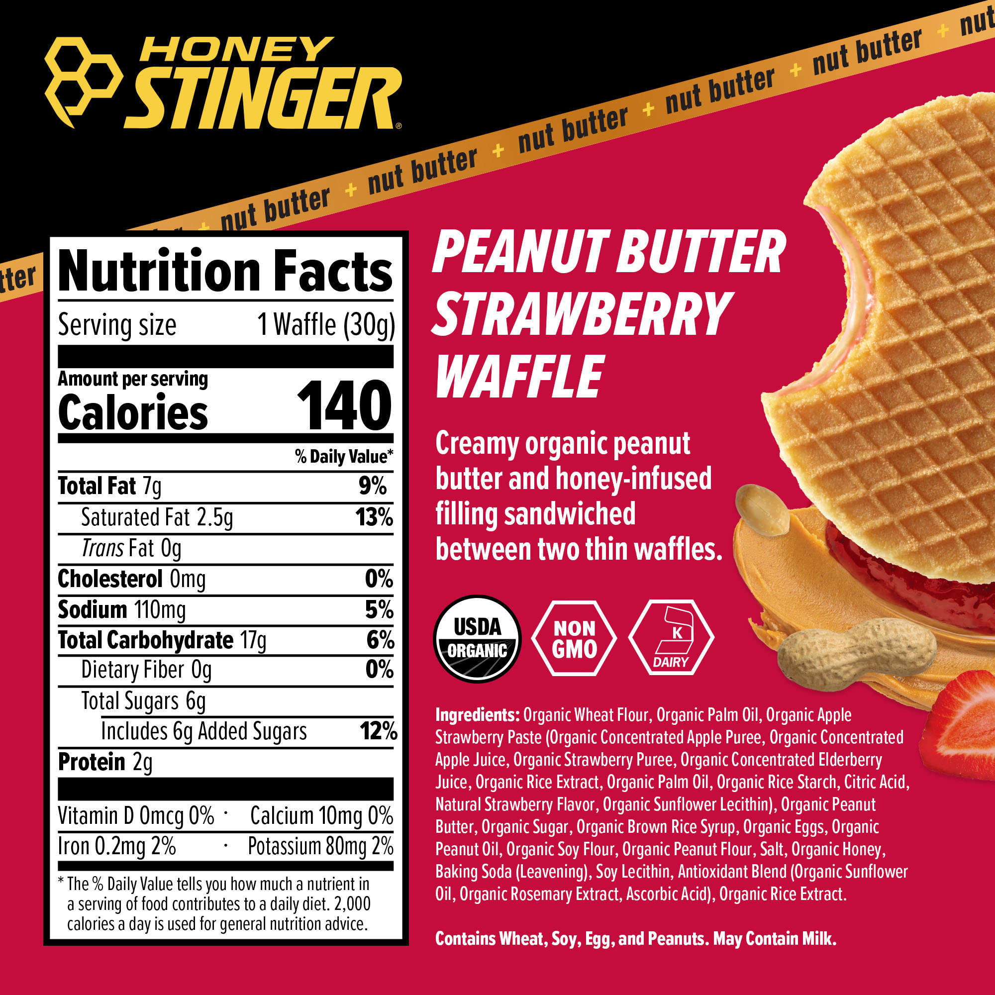 Honey Stinger Waffle Caddy Peanut Butter Strawberry 8 innerpacks per case 1.1 oz Nutrition Info