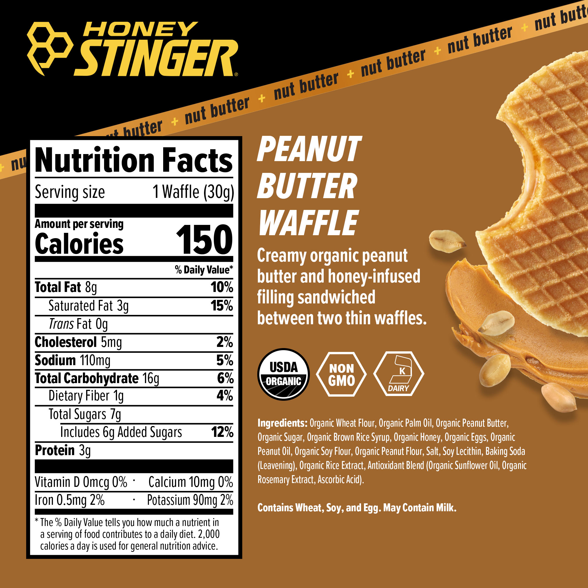 Honey Stinger Waffle Caddy Peanut Butter 8 innerpacks per case 1.1 oz Nutrition Info