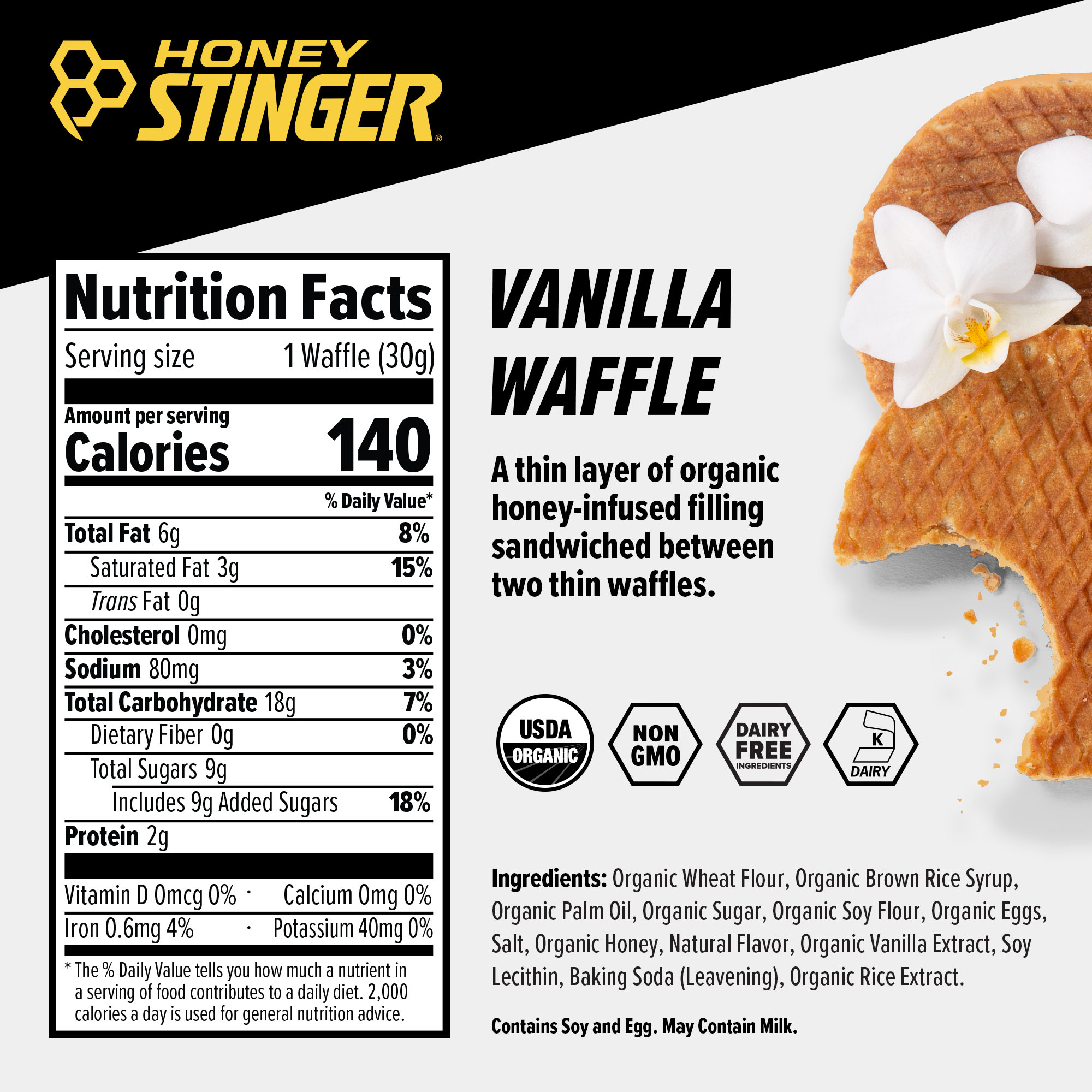 Honey Stinger Waffle Caddy Vanilla 8 innerpacks per case 1.1 oz Nutrition Info