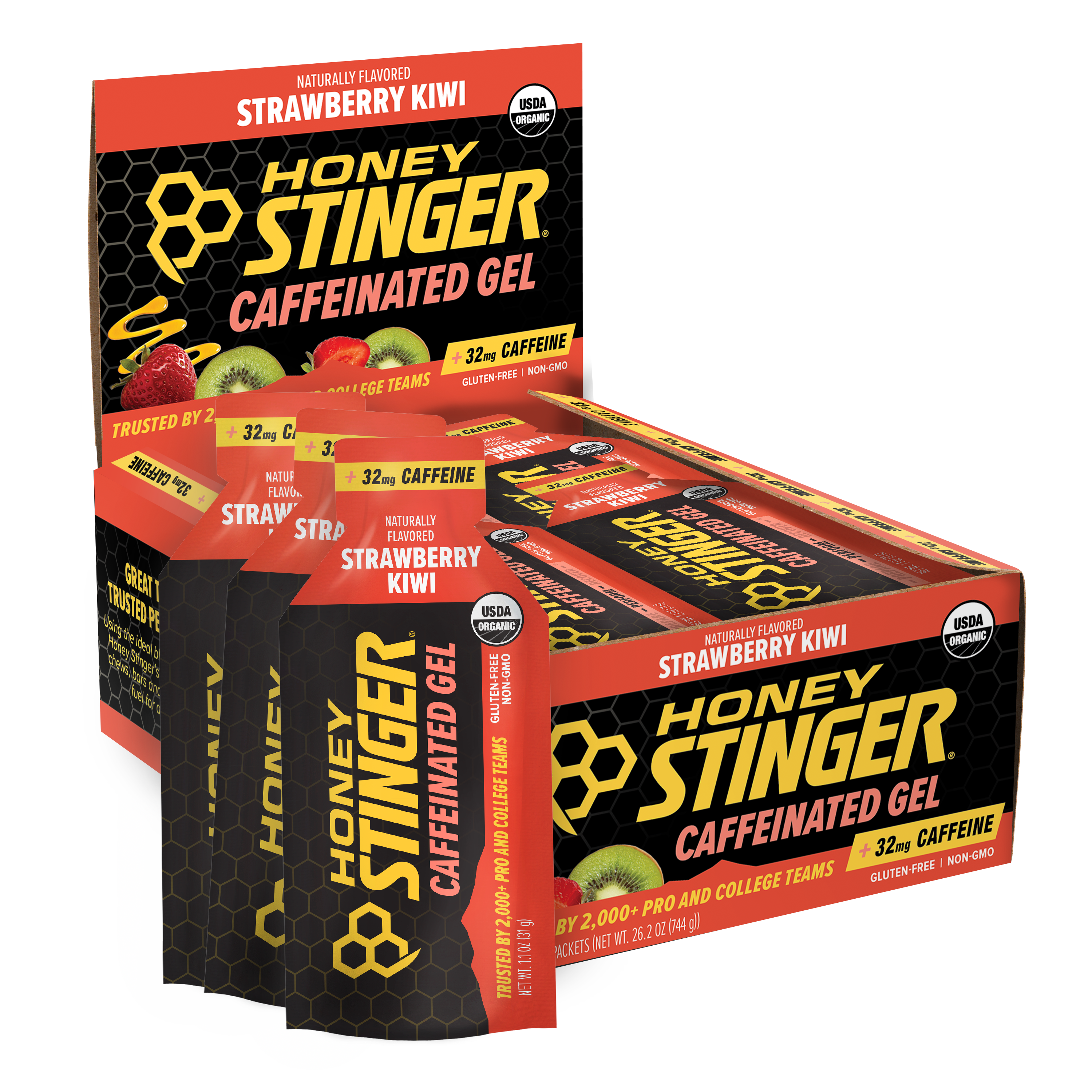 Honey Stinger Organic Energy Gel Caffeinated Strawberry Kiwi 8 innerpacks per case 26.4 oz