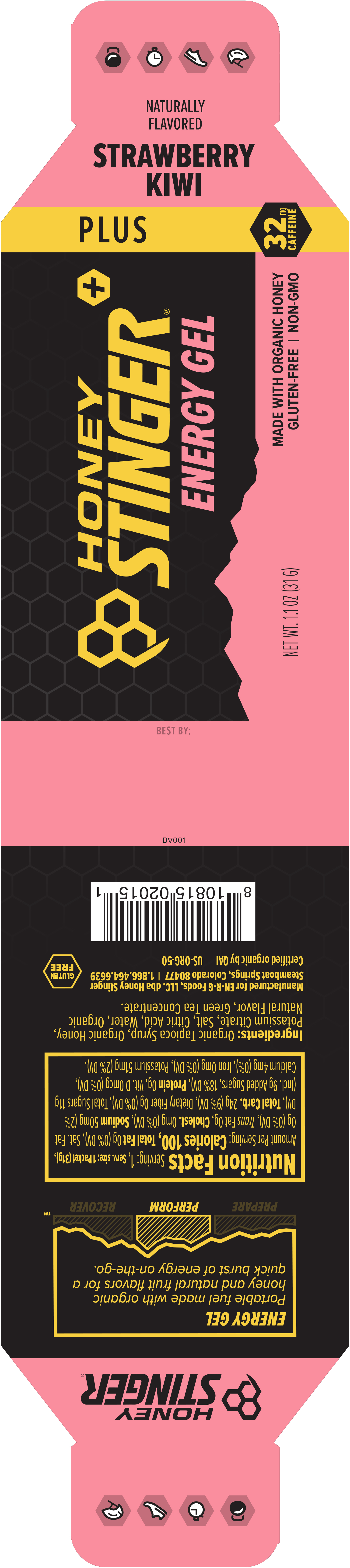 Honey Stinger Organic Energy Gel Caffeinated Strawberry Kiwi 8 innerpacks per case 26.4 oz Product Label