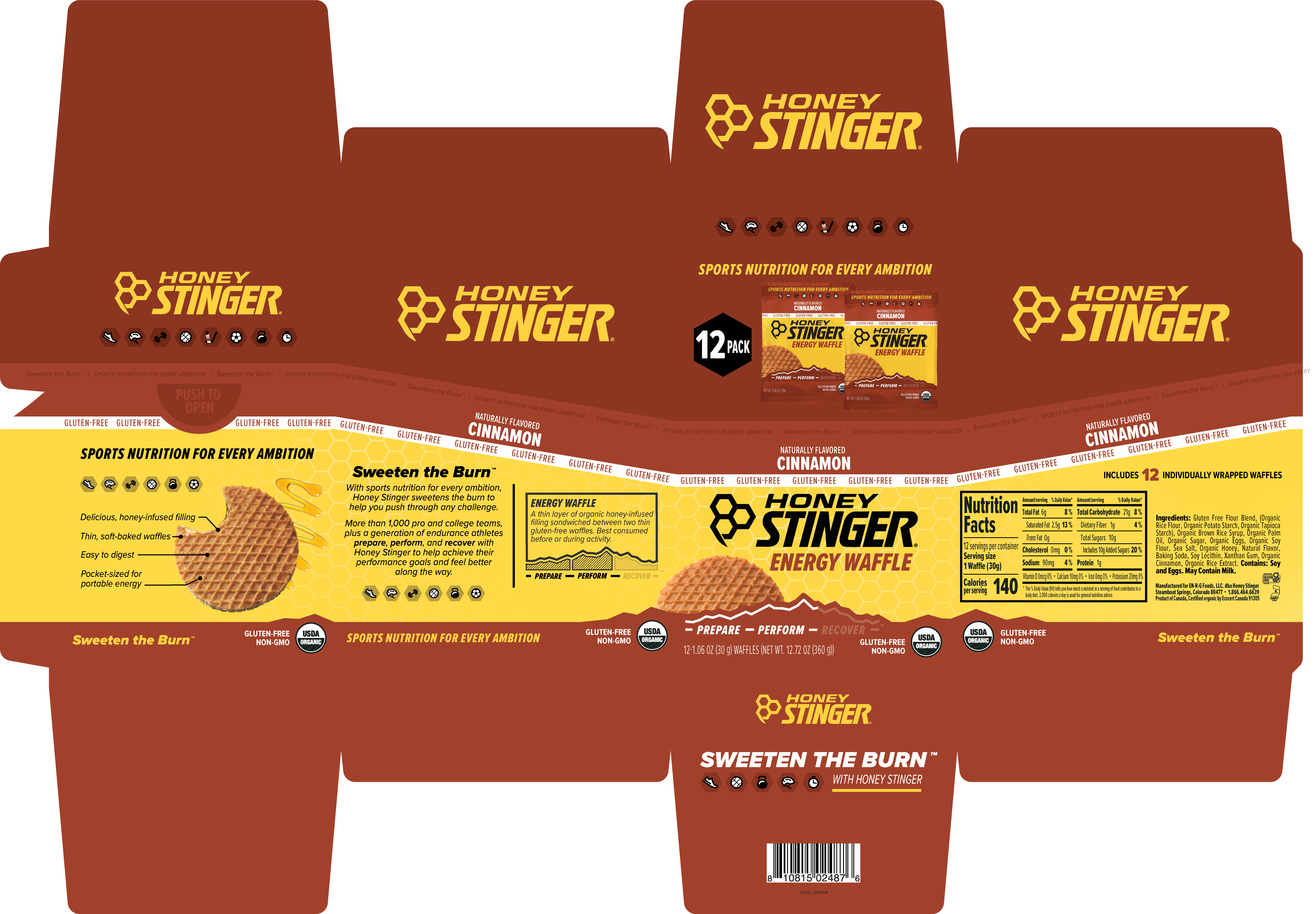 Honey Stinger Gluten Free Organic Waffle Cinnamon 8 innerpacks per case 1.1 oz Product Label
