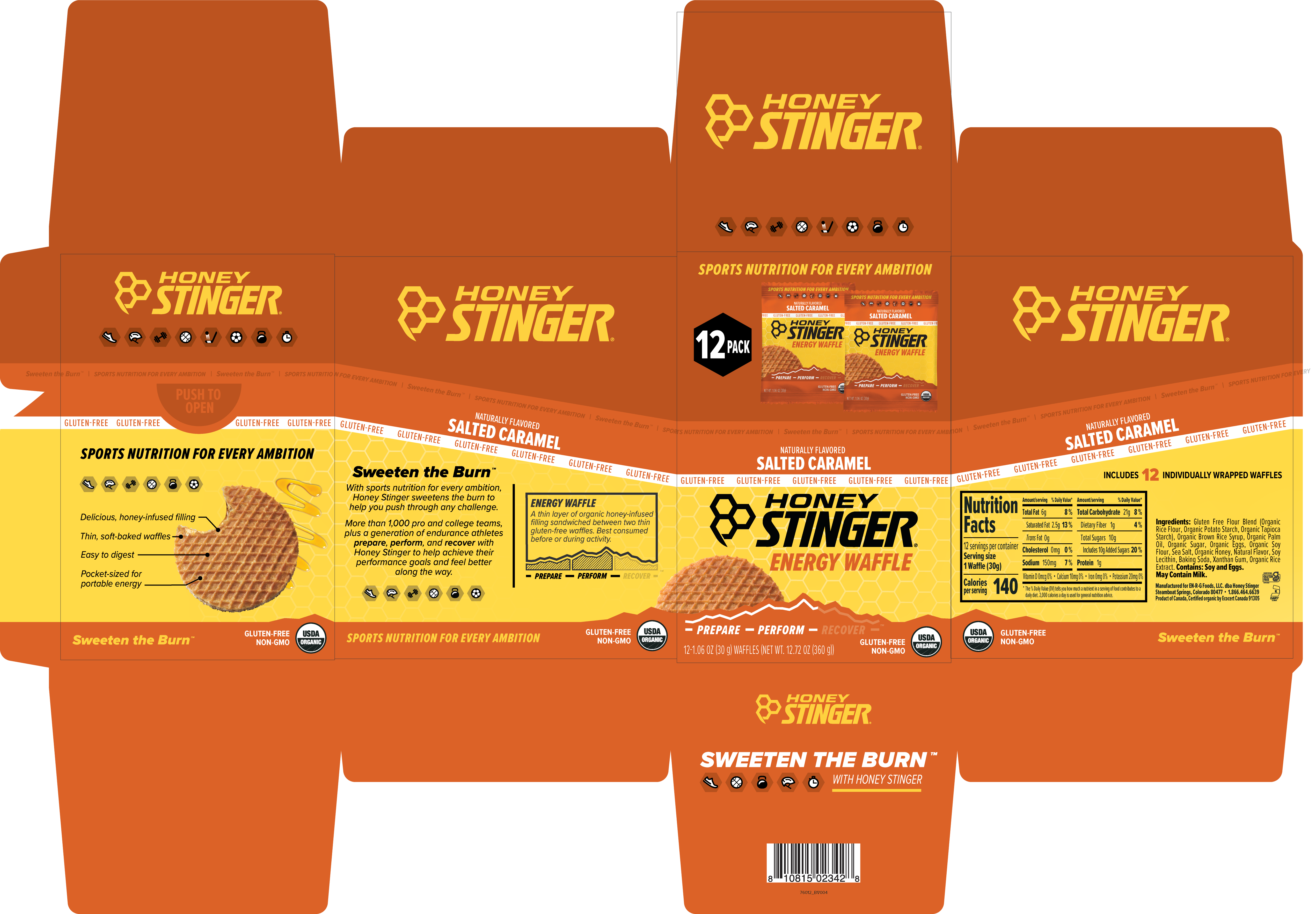 Honey Stinger Gluten-Free Waffle Caddy Salted Caramel 8 innerpacks per case 1.1 oz Product Label