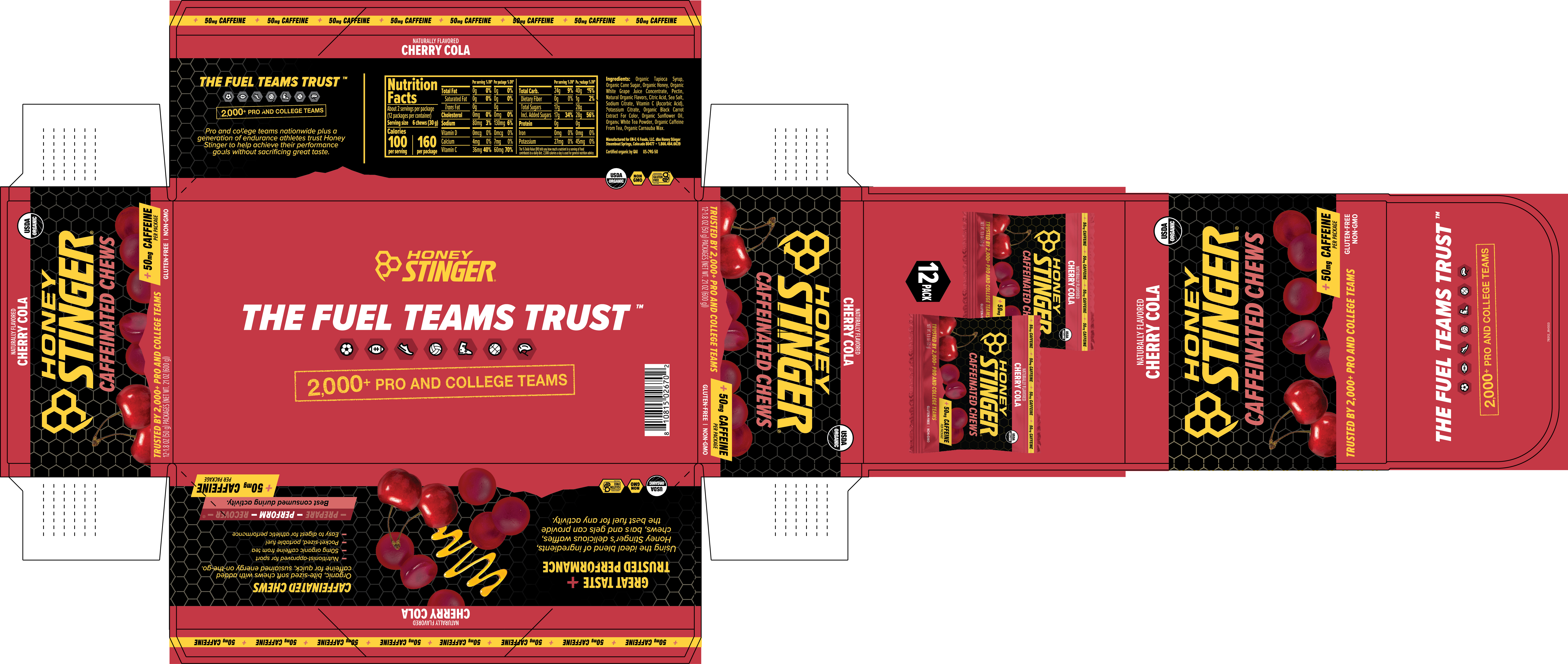 Honey Stinger Caffeinated Cherry Cola Energy Chews 8 innerpacks per case 21.6 oz Product Label