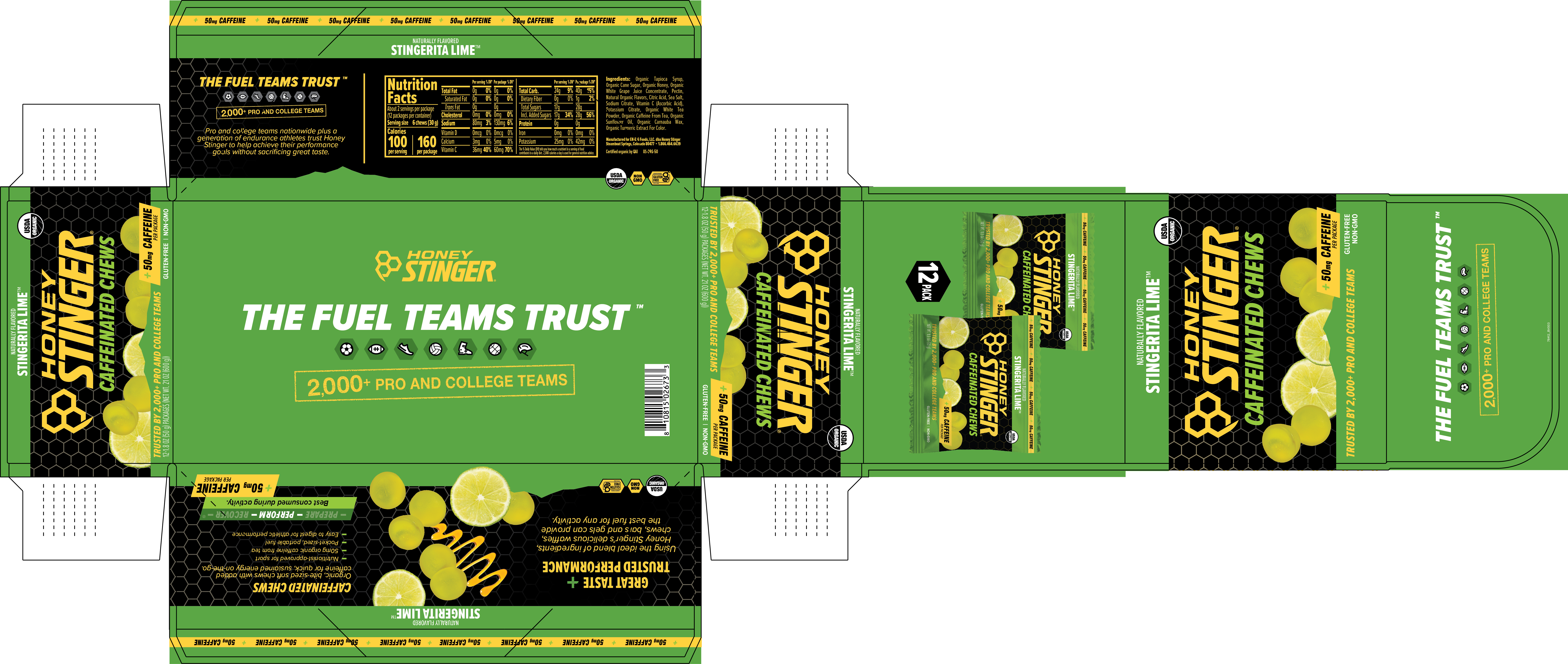 Honey Stinger Caffeinated Stingerita Lime Energy Chews 8 innerpacks per case 21.6 oz Product Label