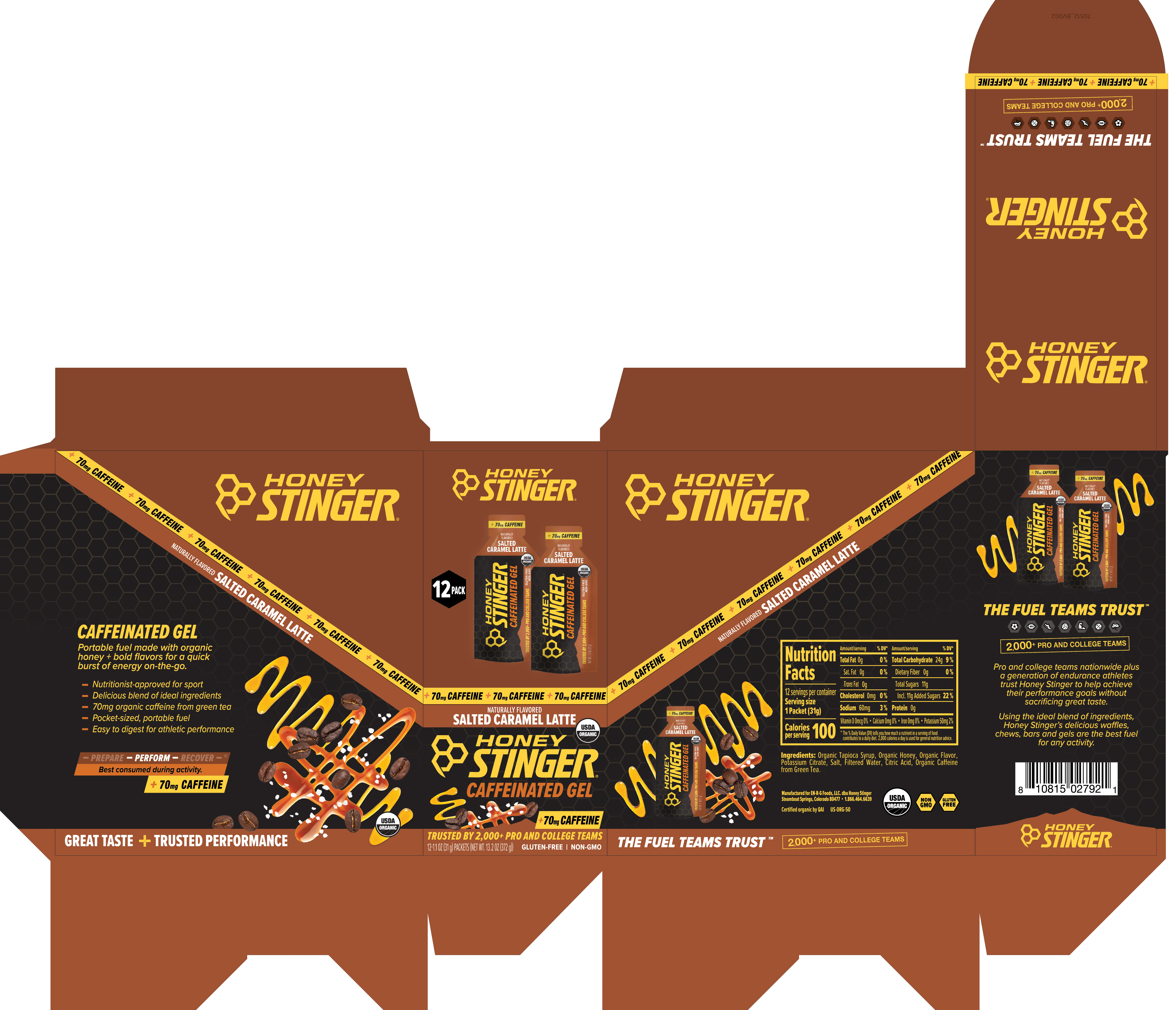 Honey Stinger Organic Gel Salted Caramel Latte - Caffeinated 12 innerpacks per case 14.4 oz Product Label