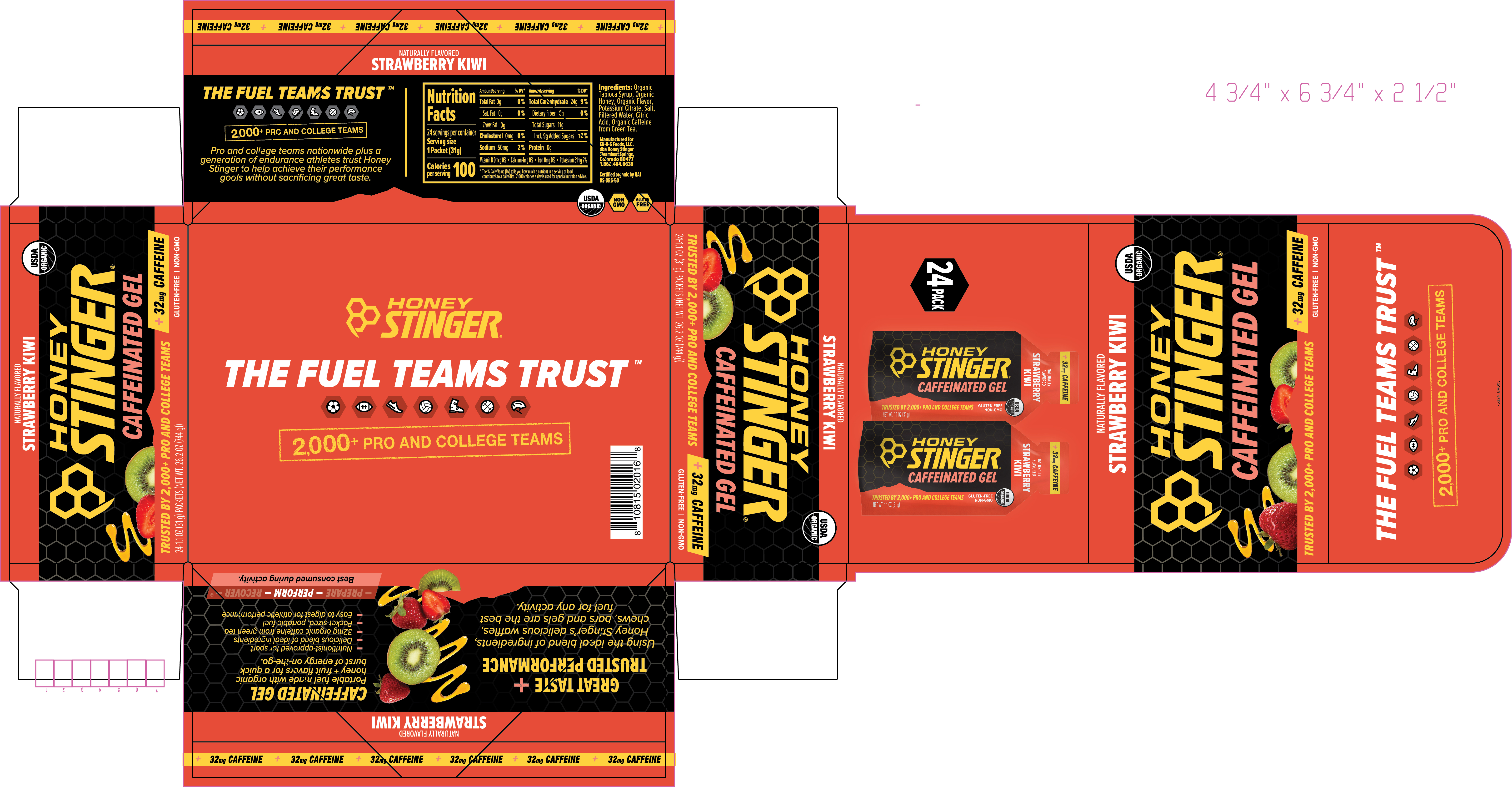 Honey Stinger Organic Energy Gel Caffeinated Strawberry Kiwi 8 innerpacks per case 26.4 oz Product Label