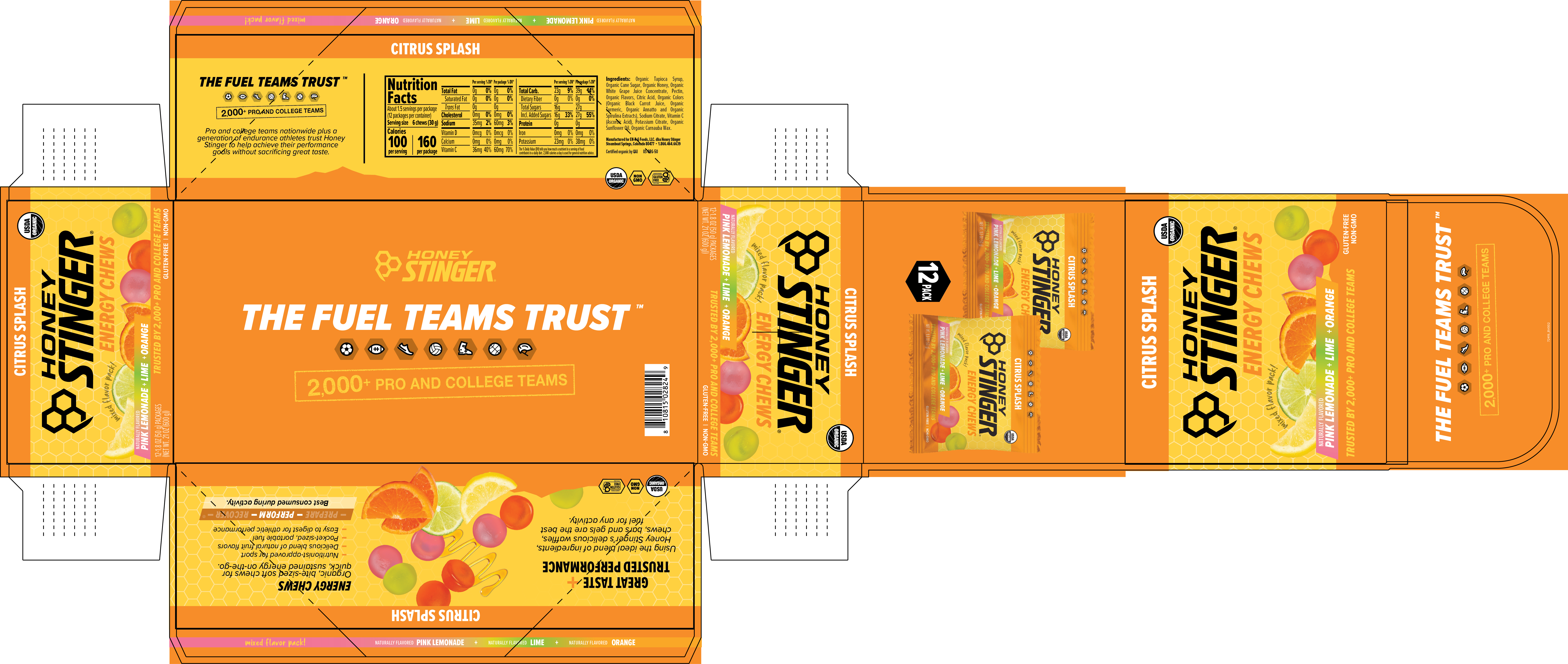 Honey Stinger Organic Energy Chews Citrus Splash 8 innerpacks per case 21.6 oz Product Label