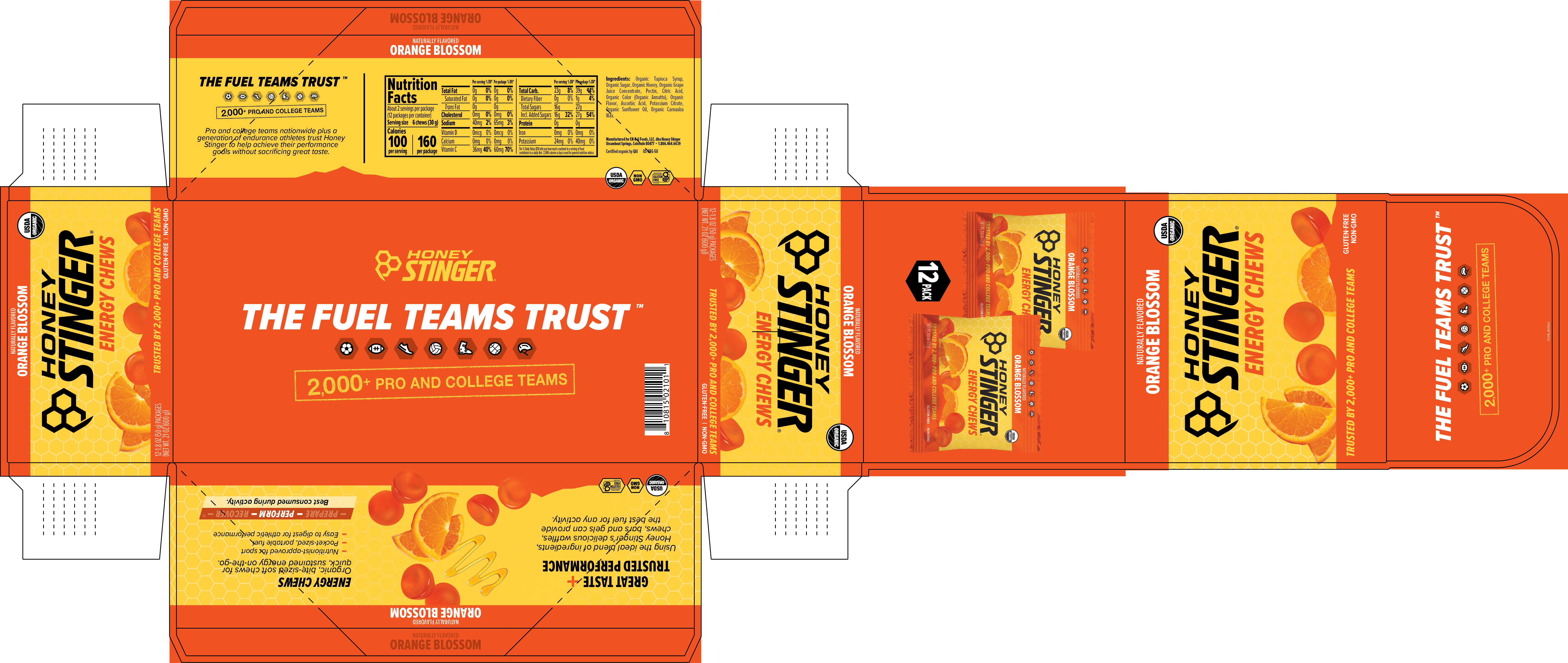 Honey Stinger Organic Energy Chews Orange Blossom 8 innerpacks per case 21.6 oz Product Label