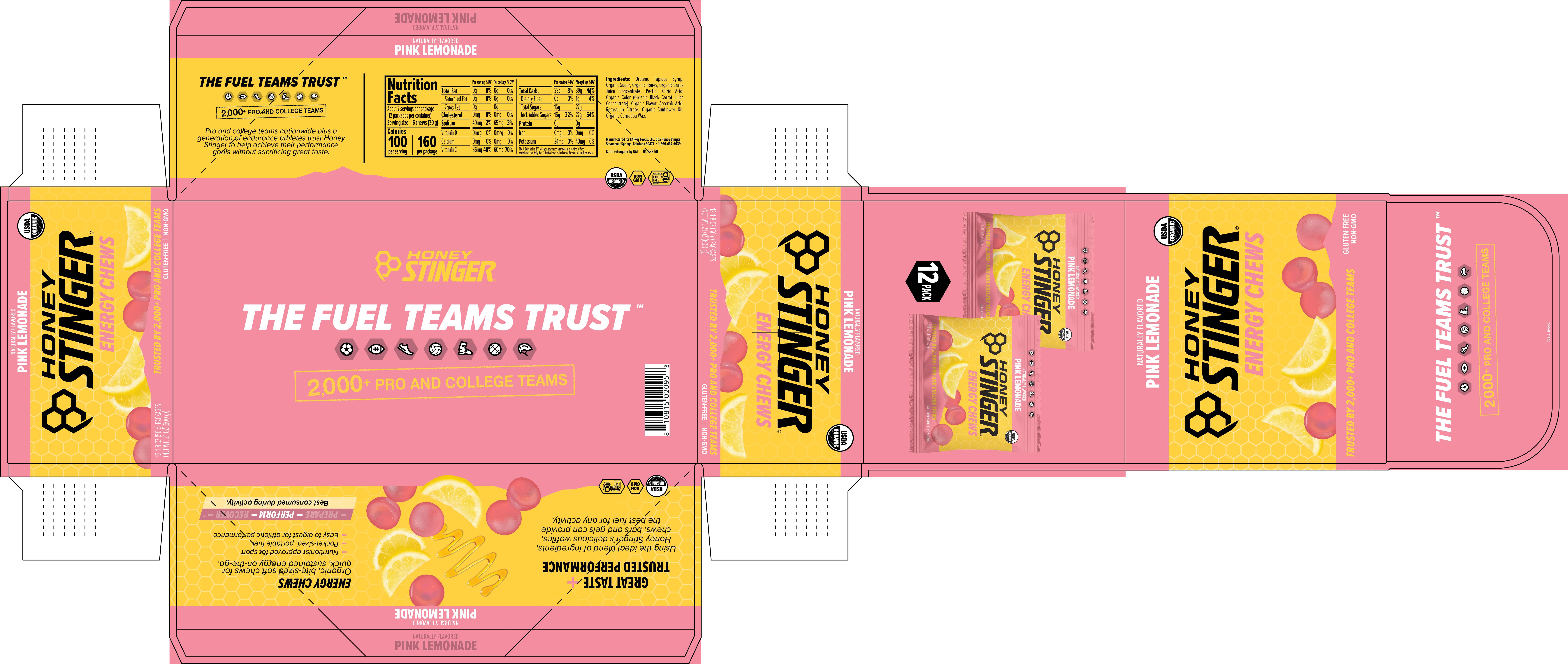 Honey Stinger Organic Energy Chews Pink Lemonade 8 innerpacks per case 21.6 oz Product Label