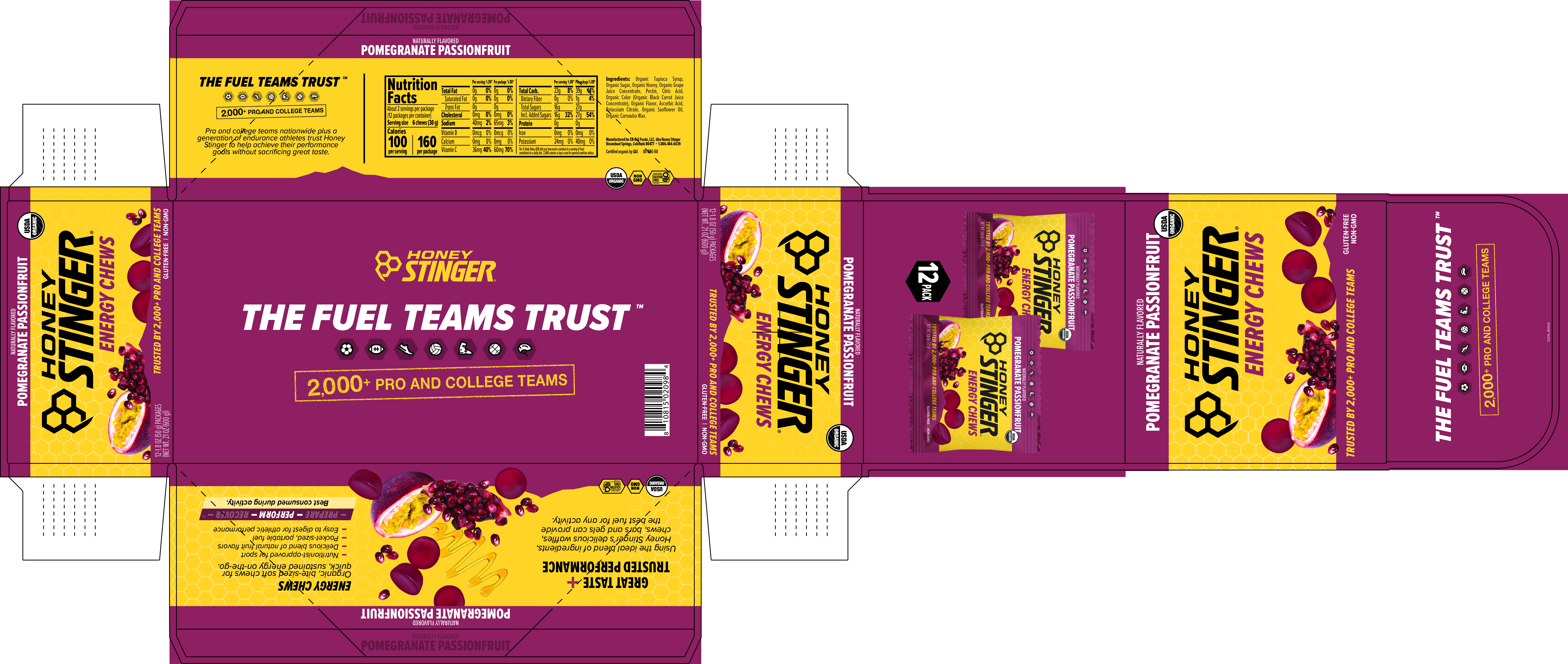 Honey Stinger Organic Energy Chews Pomegranate Passionfruit 8 innerpacks per case 21.6 oz Product Label
