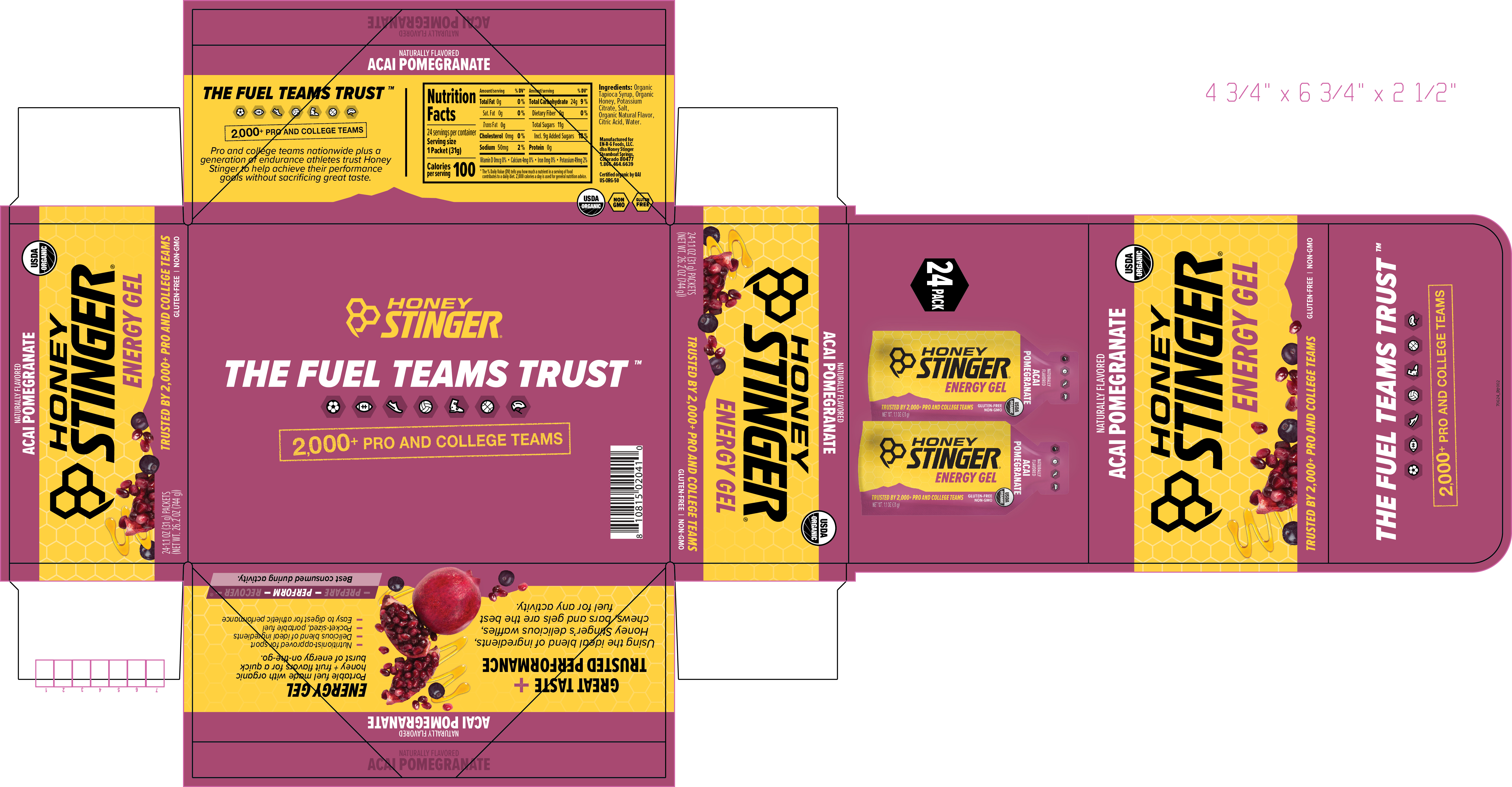 Honey Stinger Organic Energy Gel Acai Pomegranate 8 innerpacks per case 26.4 oz Product Label