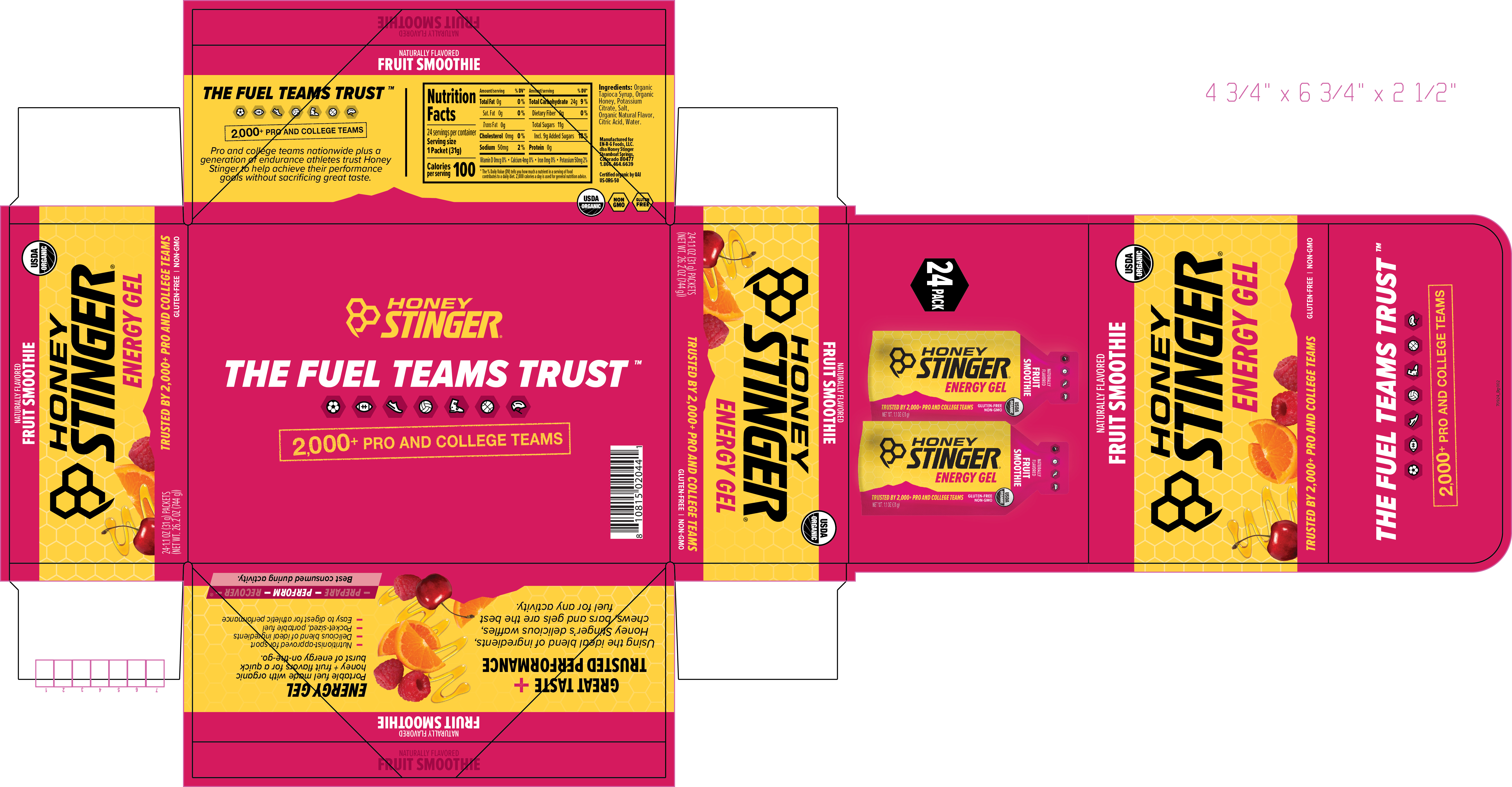Honey Stinger Organic Energy Gel Fruit Smoothie 8 innerpacks per case 26.4 oz Product Label