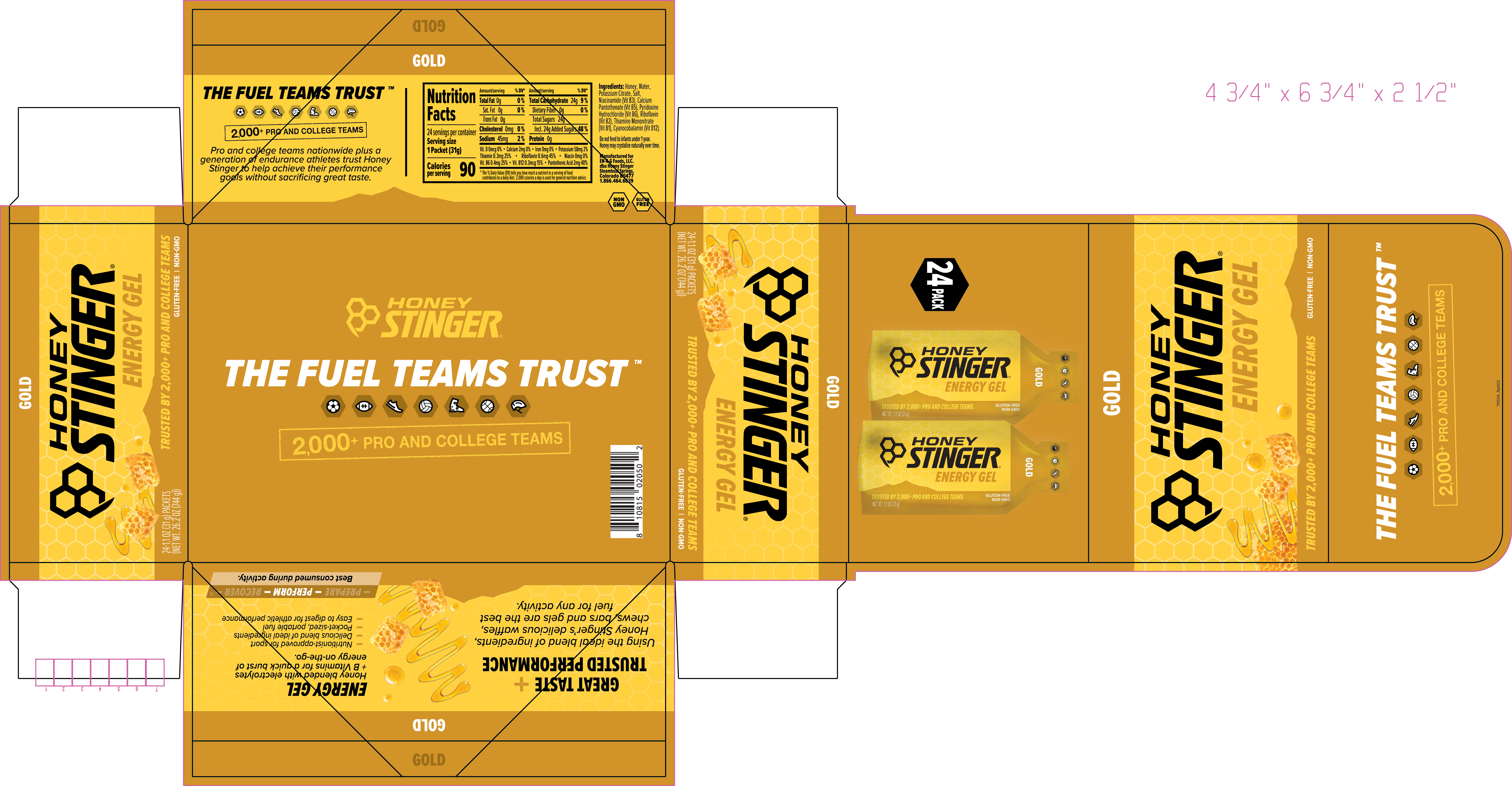 Honey Stinger Classic Energy Gel Gold 8 innerpacks per case 28.8 oz Product Label