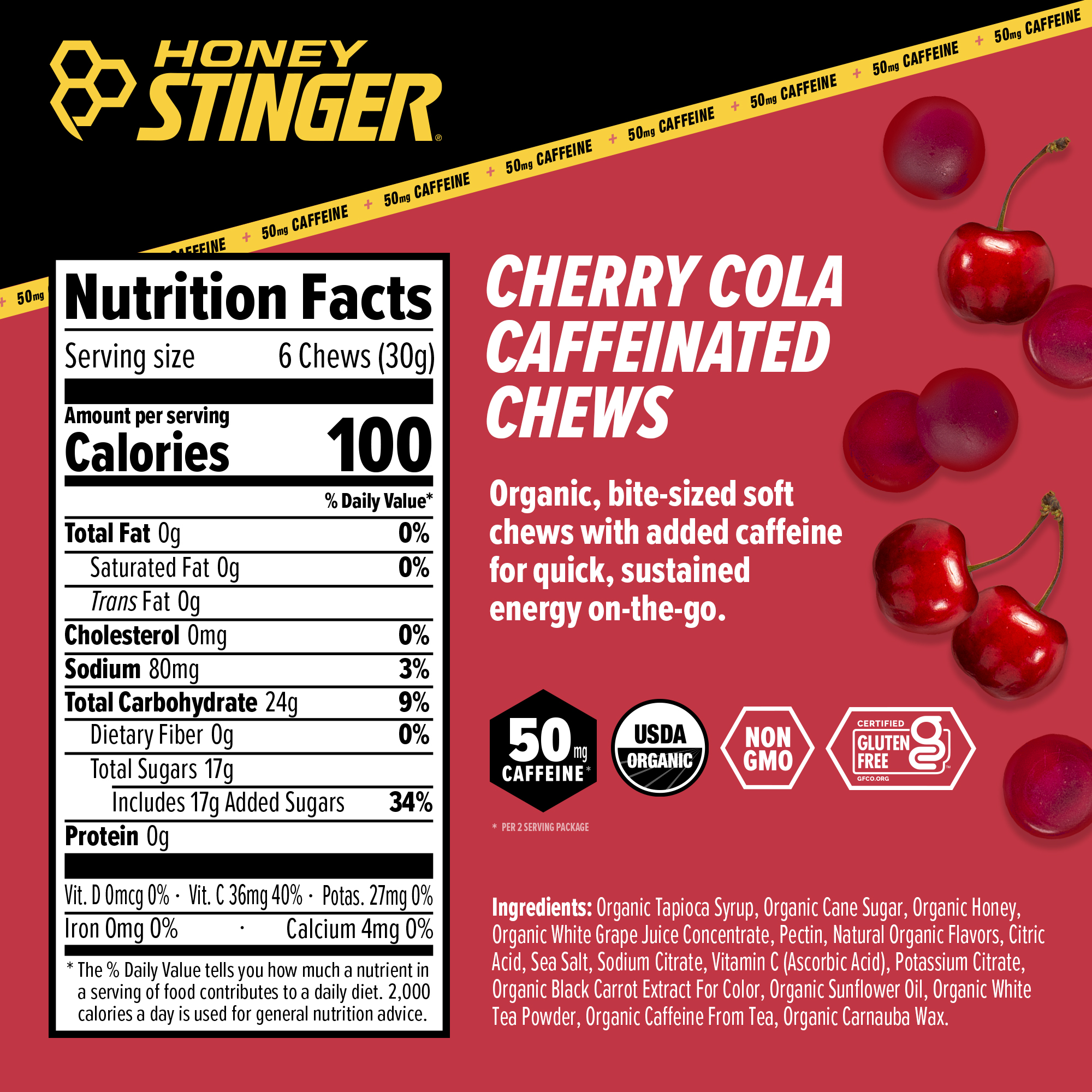 Honey Stinger Caffeinated Cherry Cola Energy Chews 8 innerpacks per case 21.6 oz Nutrition Info