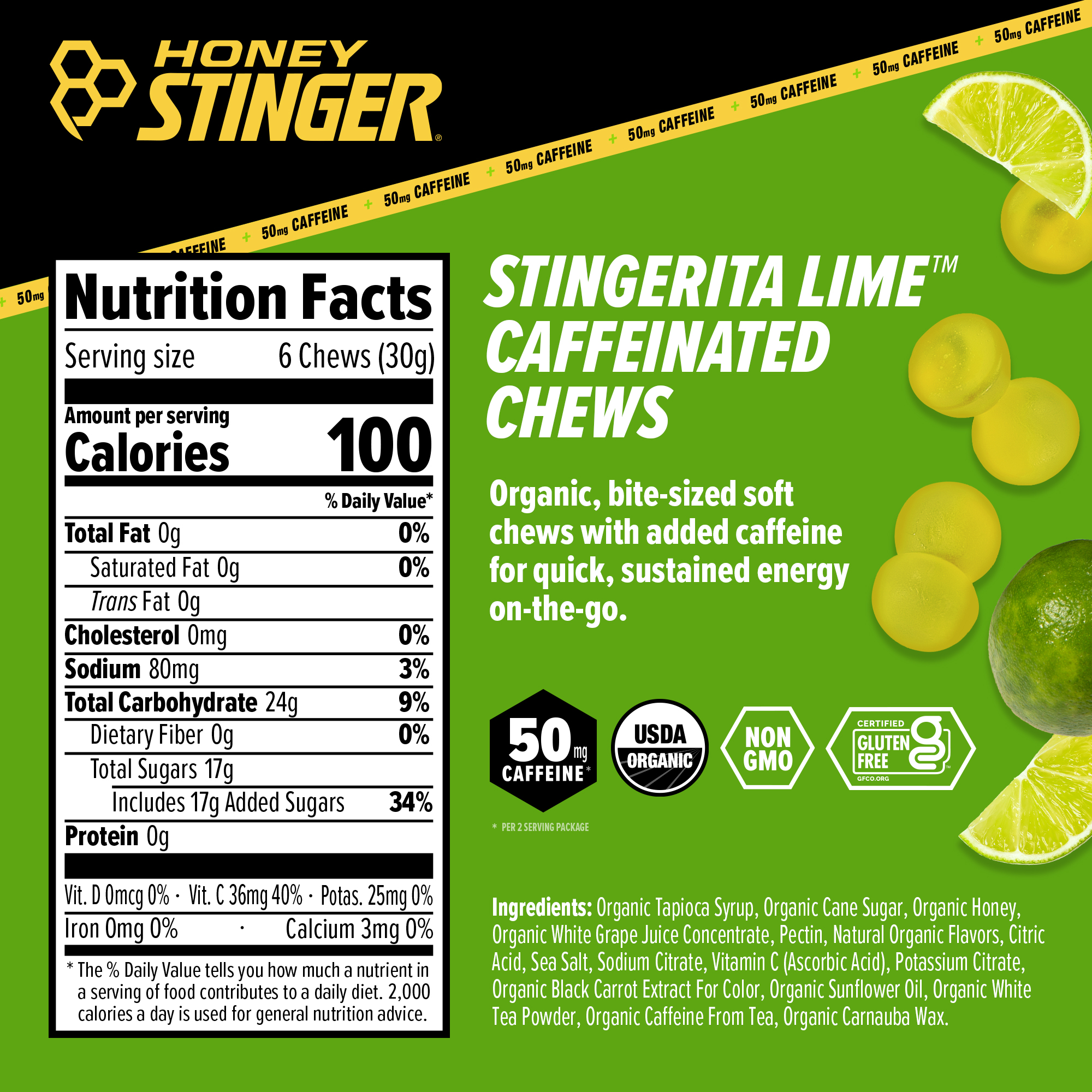 Honey Stinger Caffeinated Stingerita Lime Energy Chews 8 innerpacks per case 21.6 oz Nutrition Info