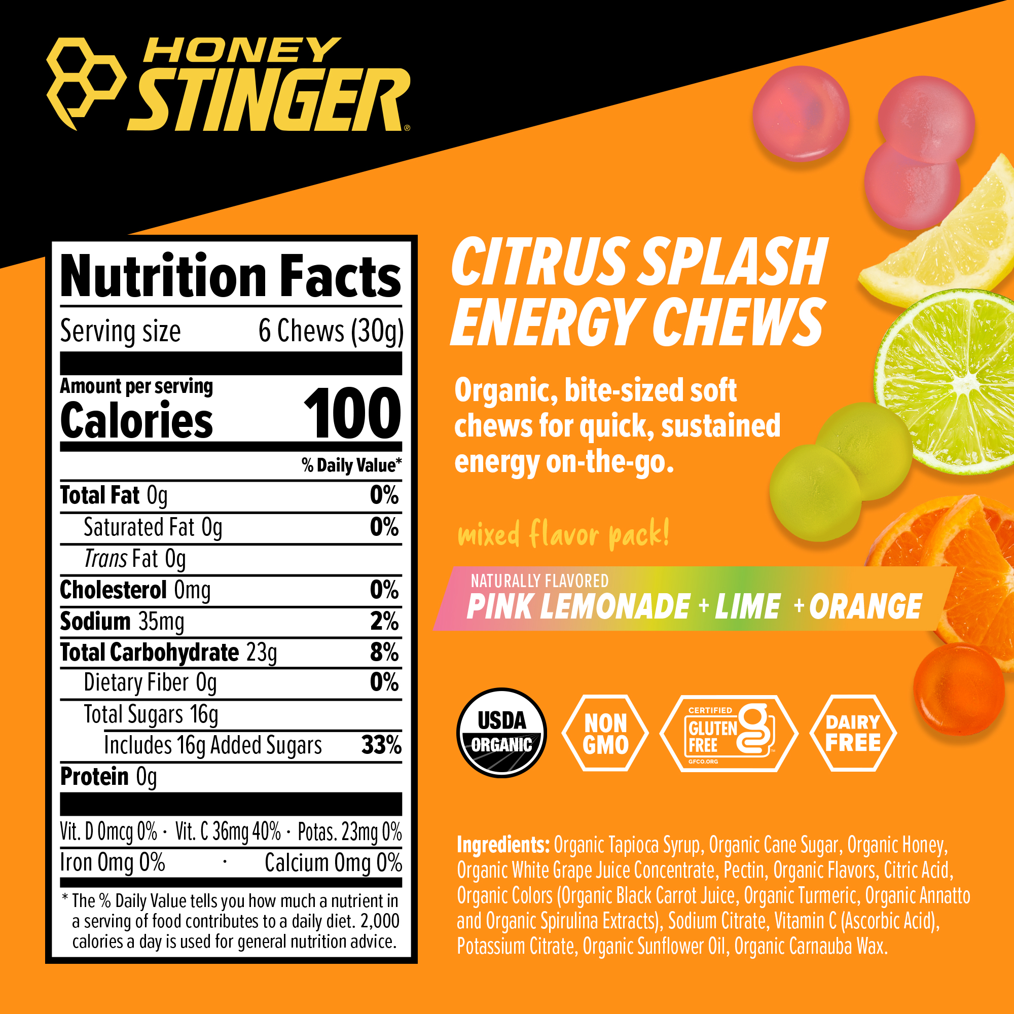 Honey Stinger Organic Energy Chews Citrus Splash 8 innerpacks per case 21.6 oz Nutrition Info