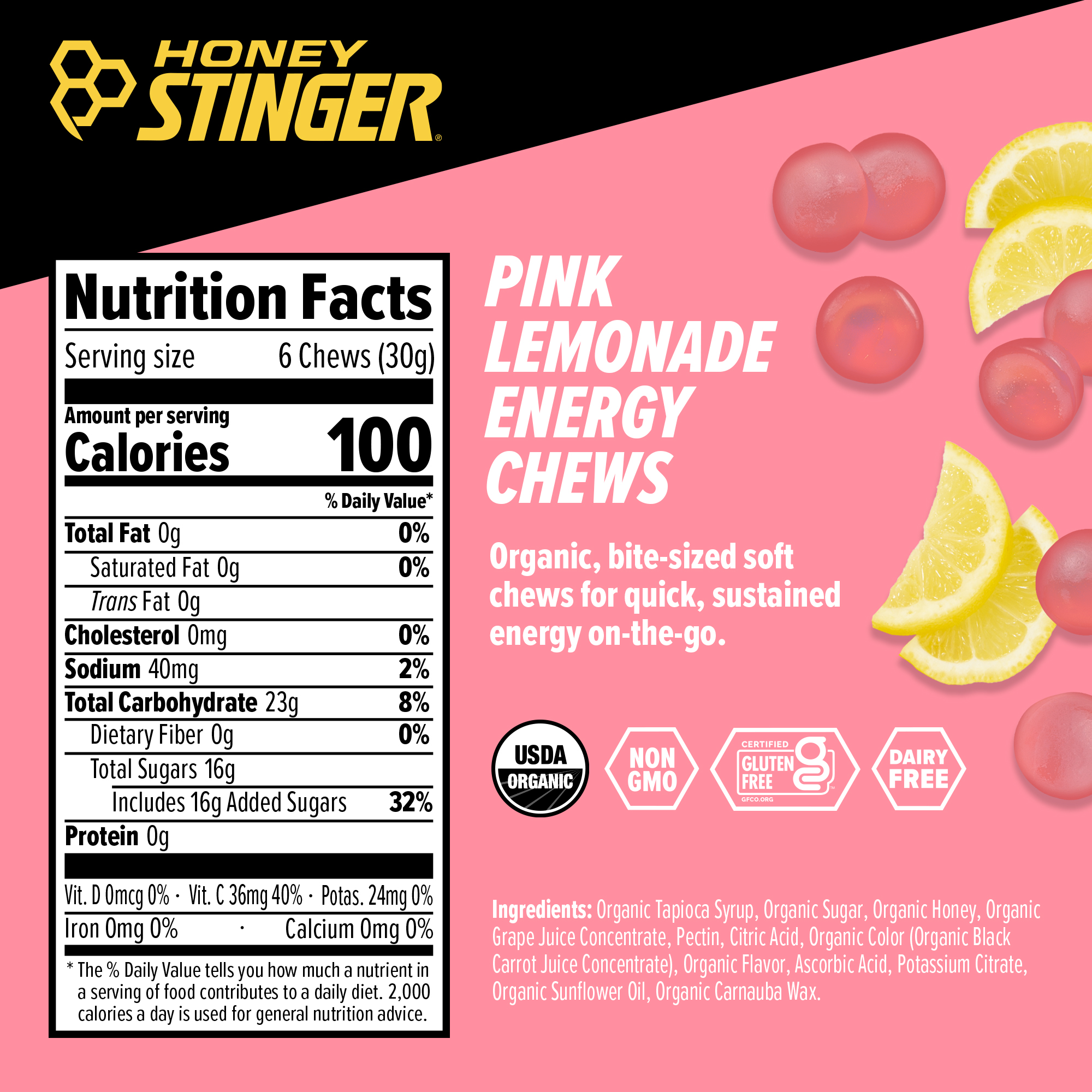 Honey Stinger Organic Energy Chews Pink Lemonade 8 innerpacks per case 21.6 oz Nutrition Info