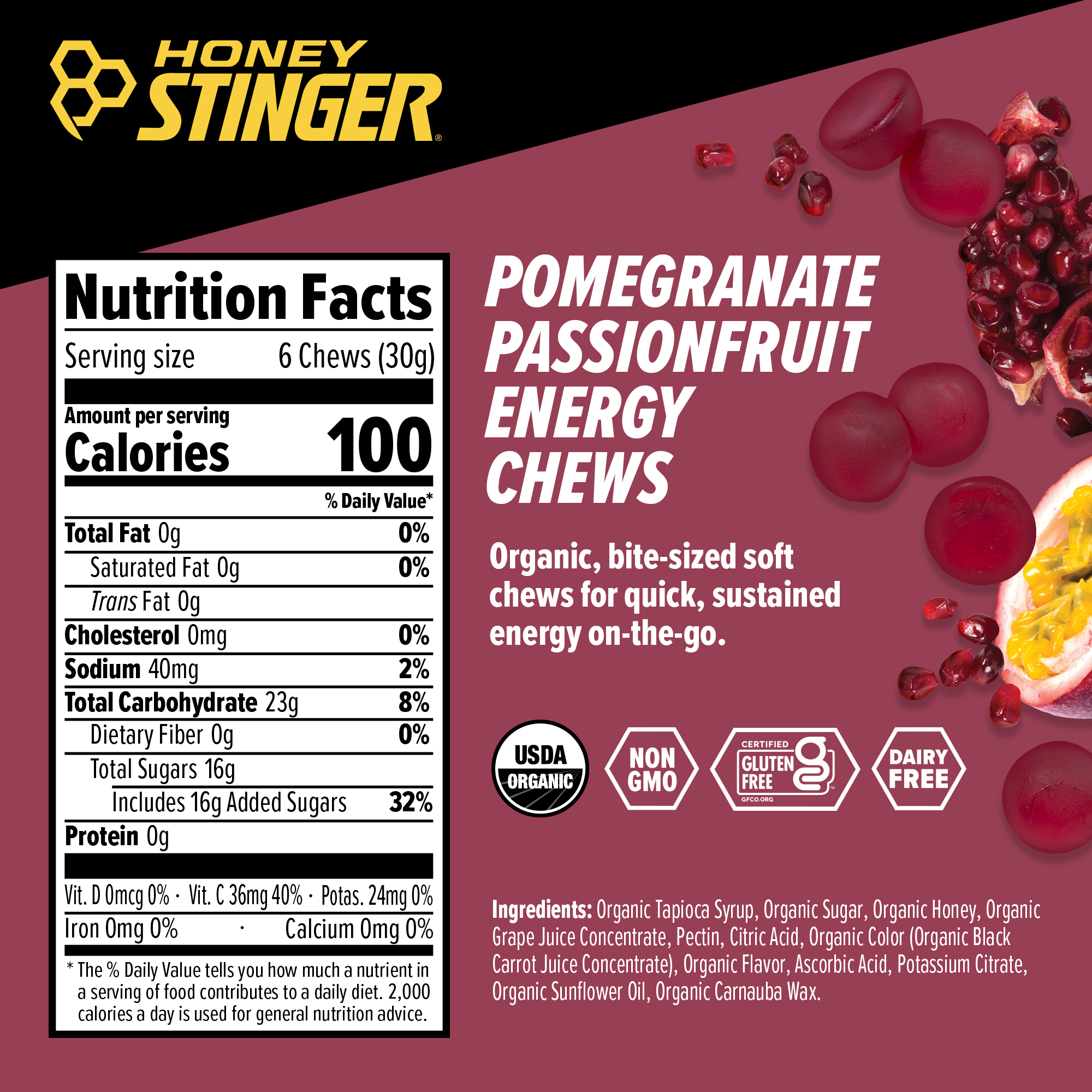 Honey Stinger Organic Energy Chews Pomegranate Passionfruit 8 innerpacks per case 21.6 oz Nutrition Info